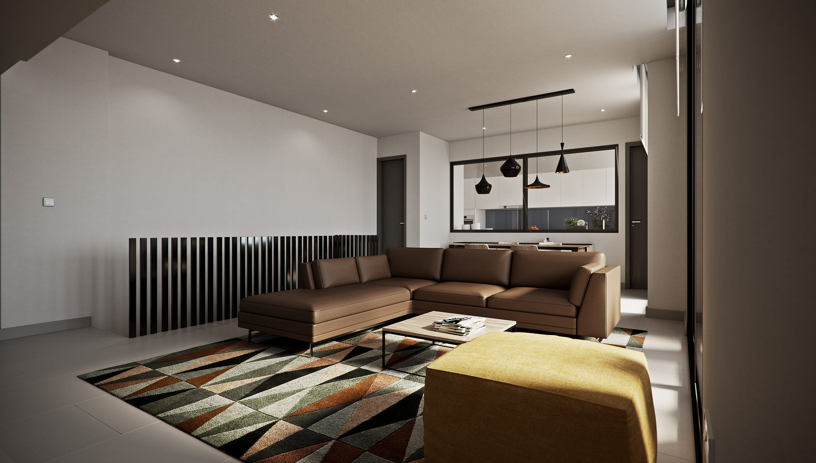 1957 Apartments and Retail living room: brown leather L-shaped sofa on a geometric multicolour rug with a low pale table and mustard ottoman, glazed opening to the kitchen and black pendant cluster.