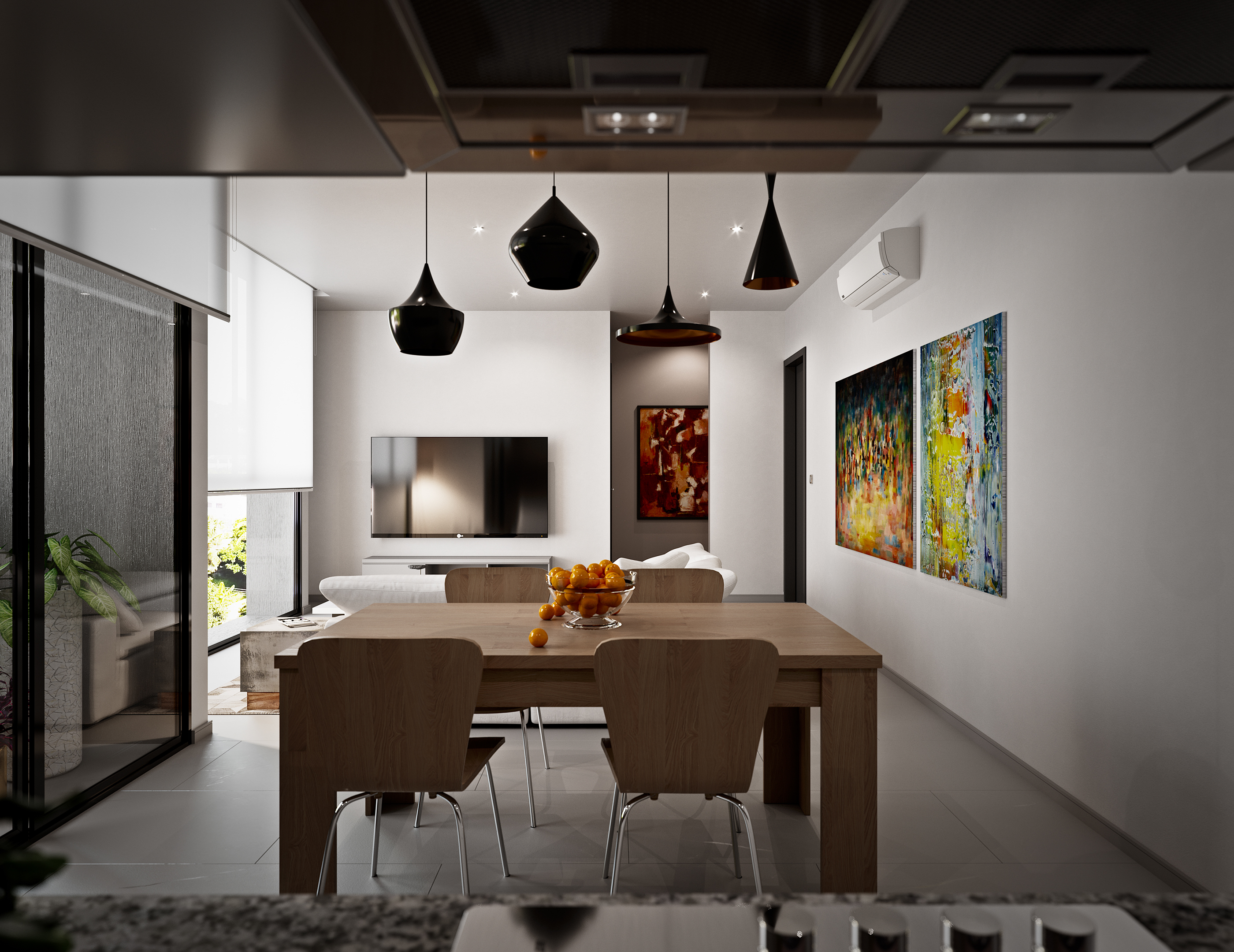 1957 Apartments and Retail dining seen from the kitchen counter: oak table and four chairs with a glass bowl of oranges, black cone pendants overhead, white sectional and wall-mounted TV beyond, pair of abstract canvases.
