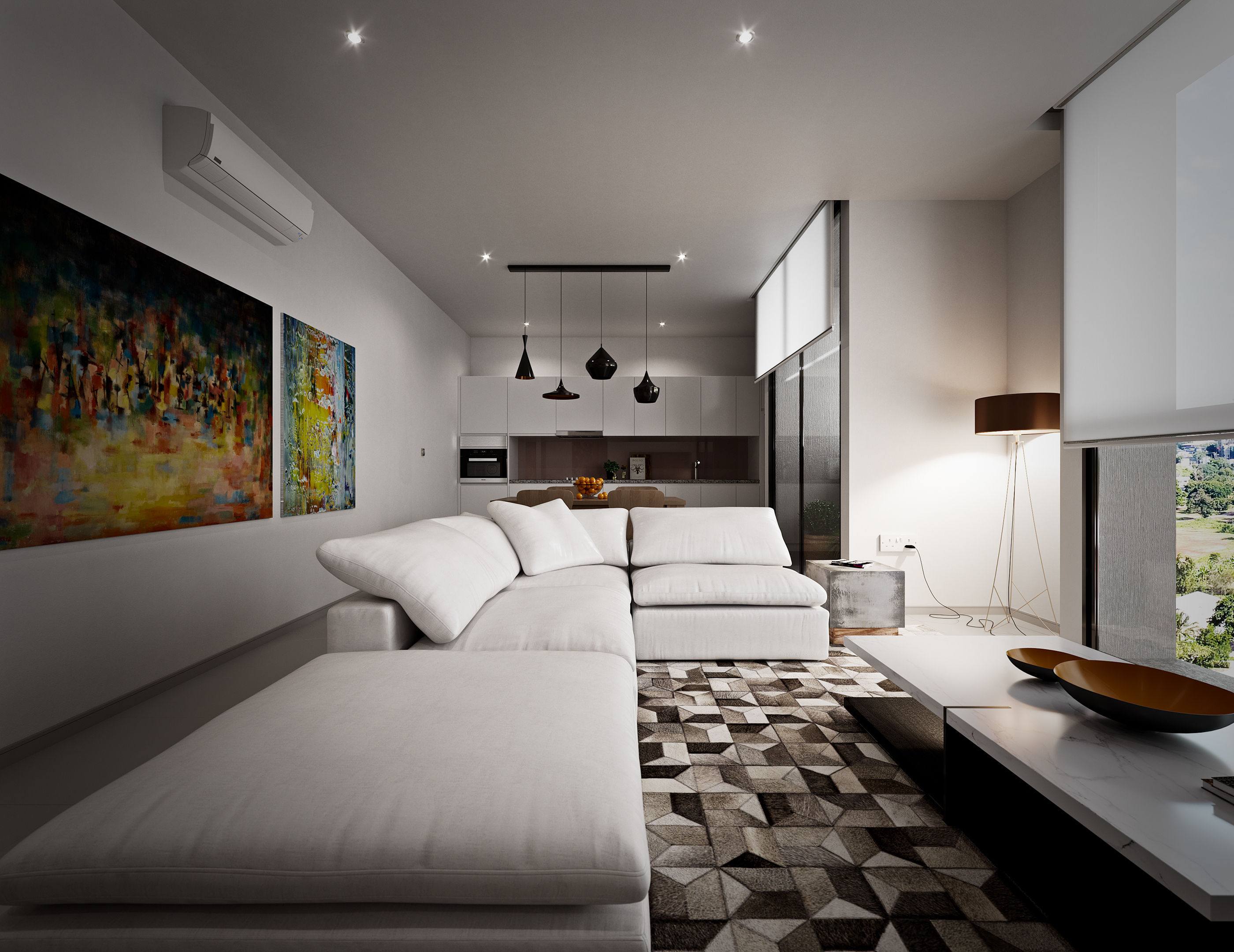 1957 Apartments and Retail living room from the chaise: white modular sectional on the grey geometric rug, marble coffee table with brass bowls, two abstract canvases along the wall, kitchen and cone pendants at the far end.