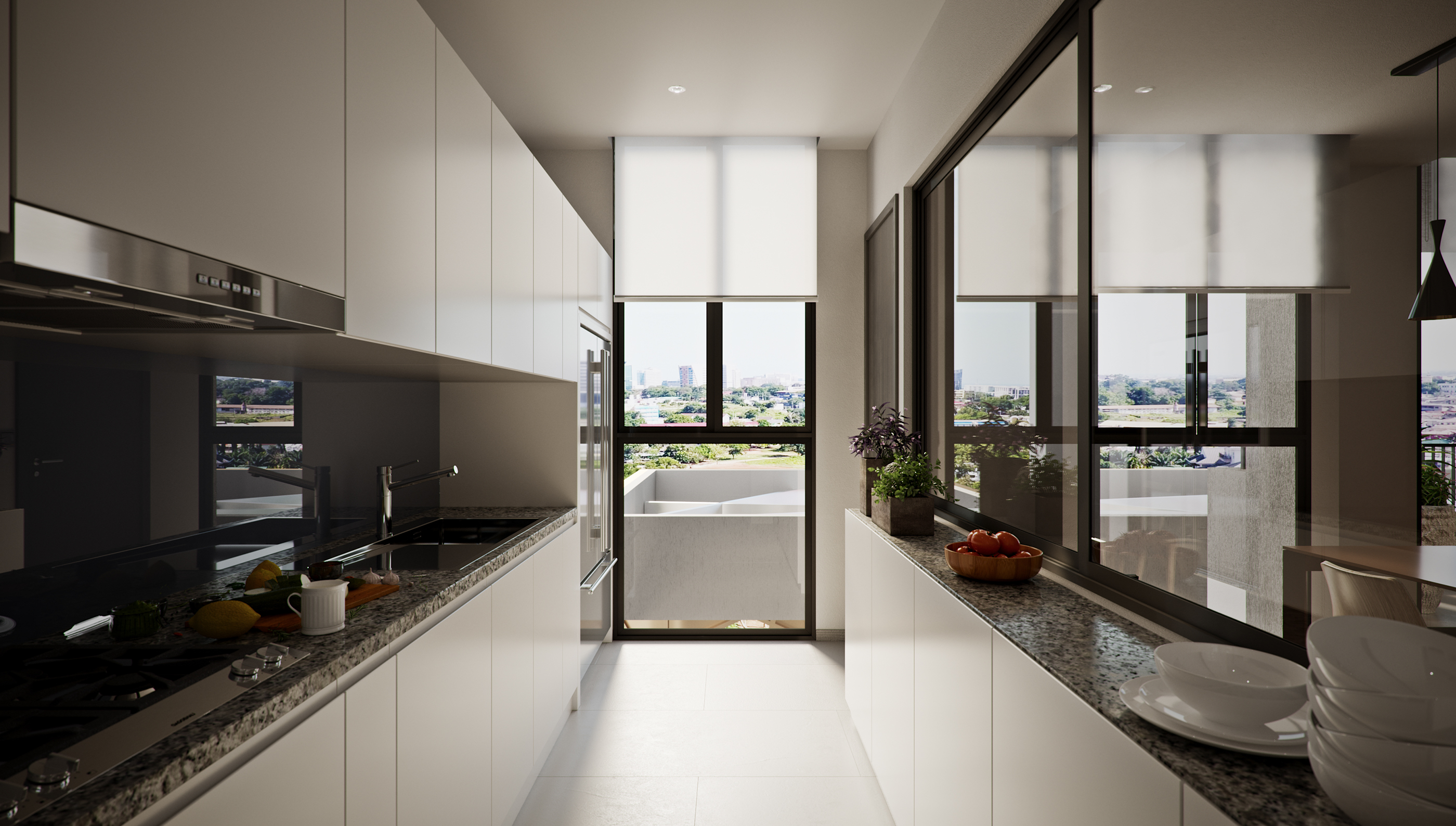 1957 Apartments and Retail galley kitchen: handleless white cabinets and granite worktops on both runs, gas hob and sink, bowl of tomatoes and stacked plates, roller blind over a treetop window.