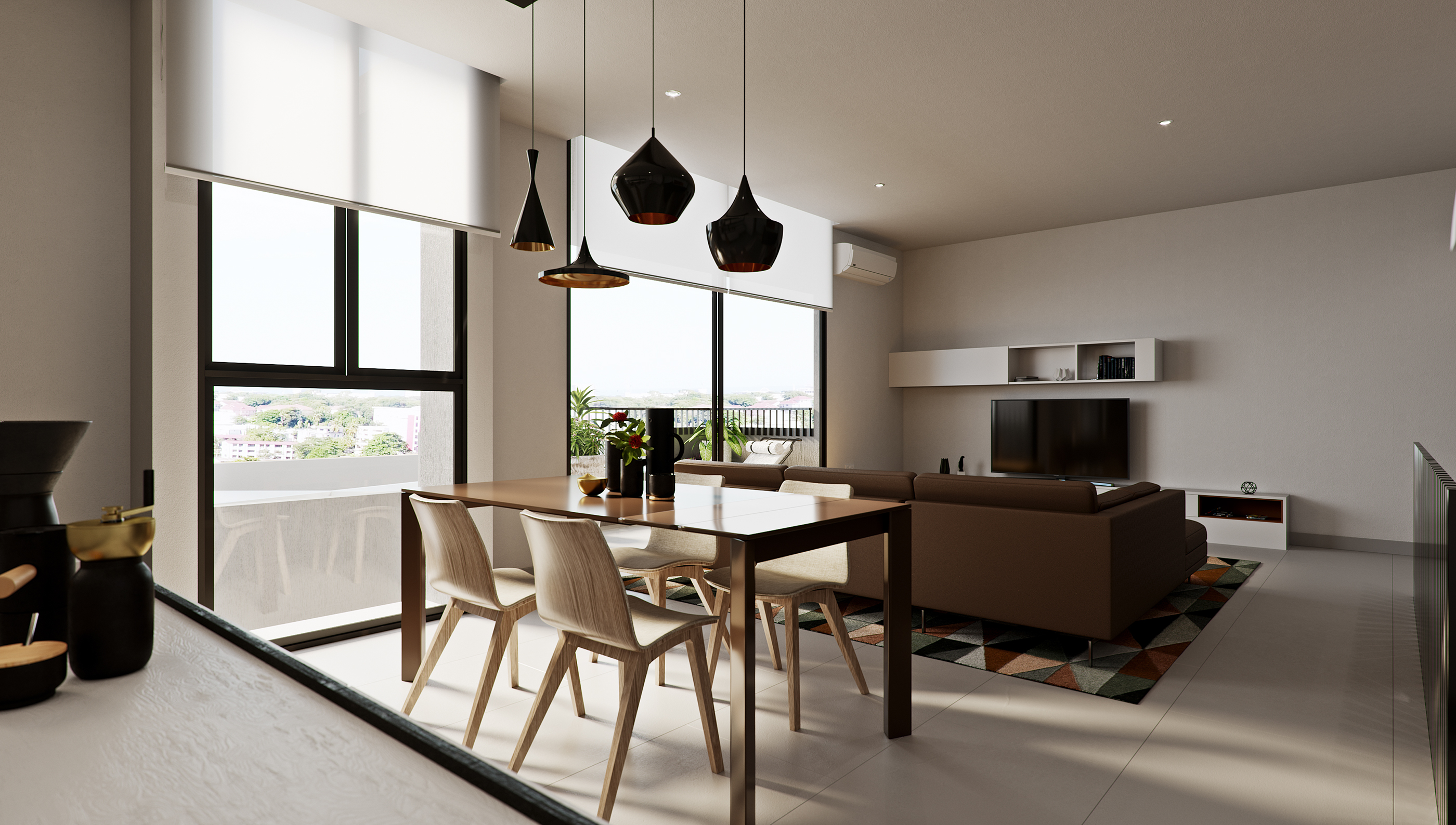 1957 Apartments and Retail dining area: timber table with four pale chairs under a cluster of black cone pendants, brown leather sofa and wall-mounted TV beyond, roller blinds and a balcony view.