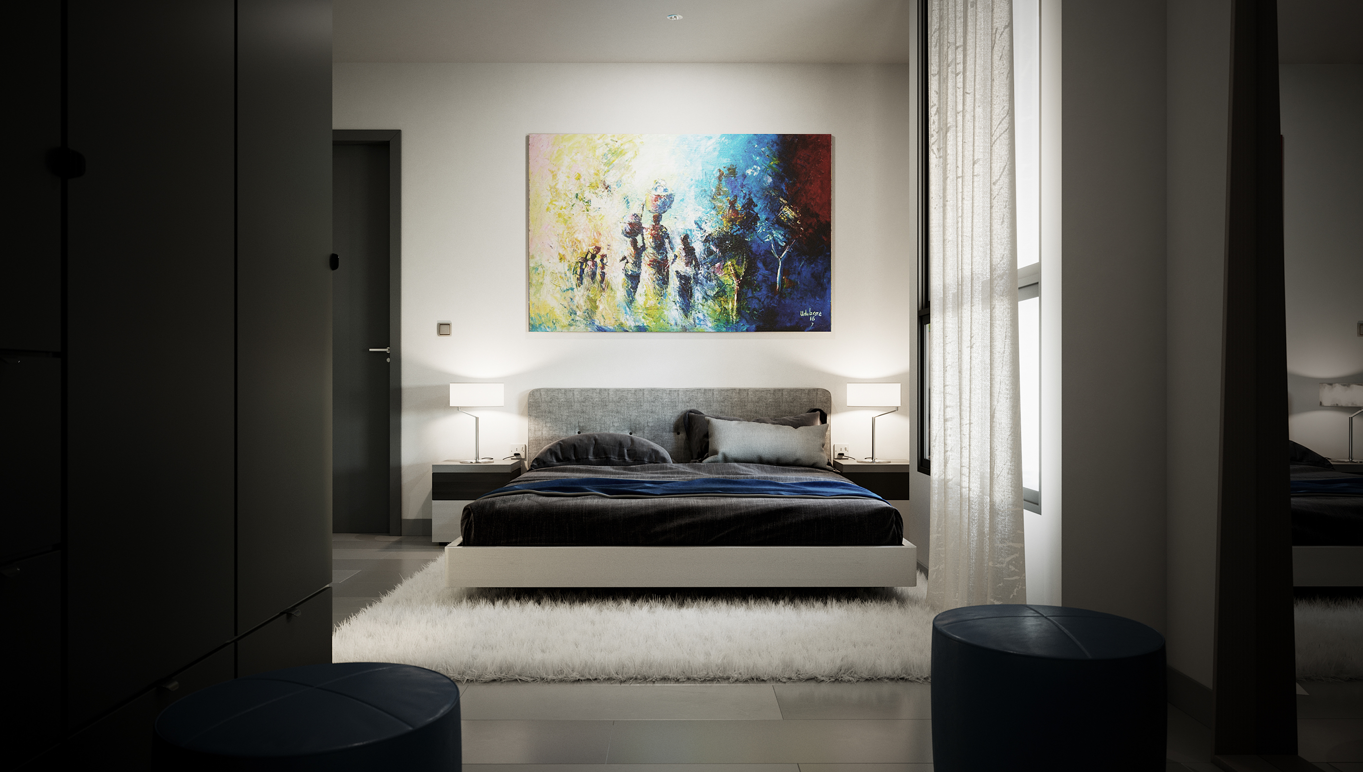 1957 Apartments and Retail master bedroom at night: low platform bed in dark linen and a blue throw on a white shag rug, backlit figurative canvas above the grey headboard, square bedside lamps.