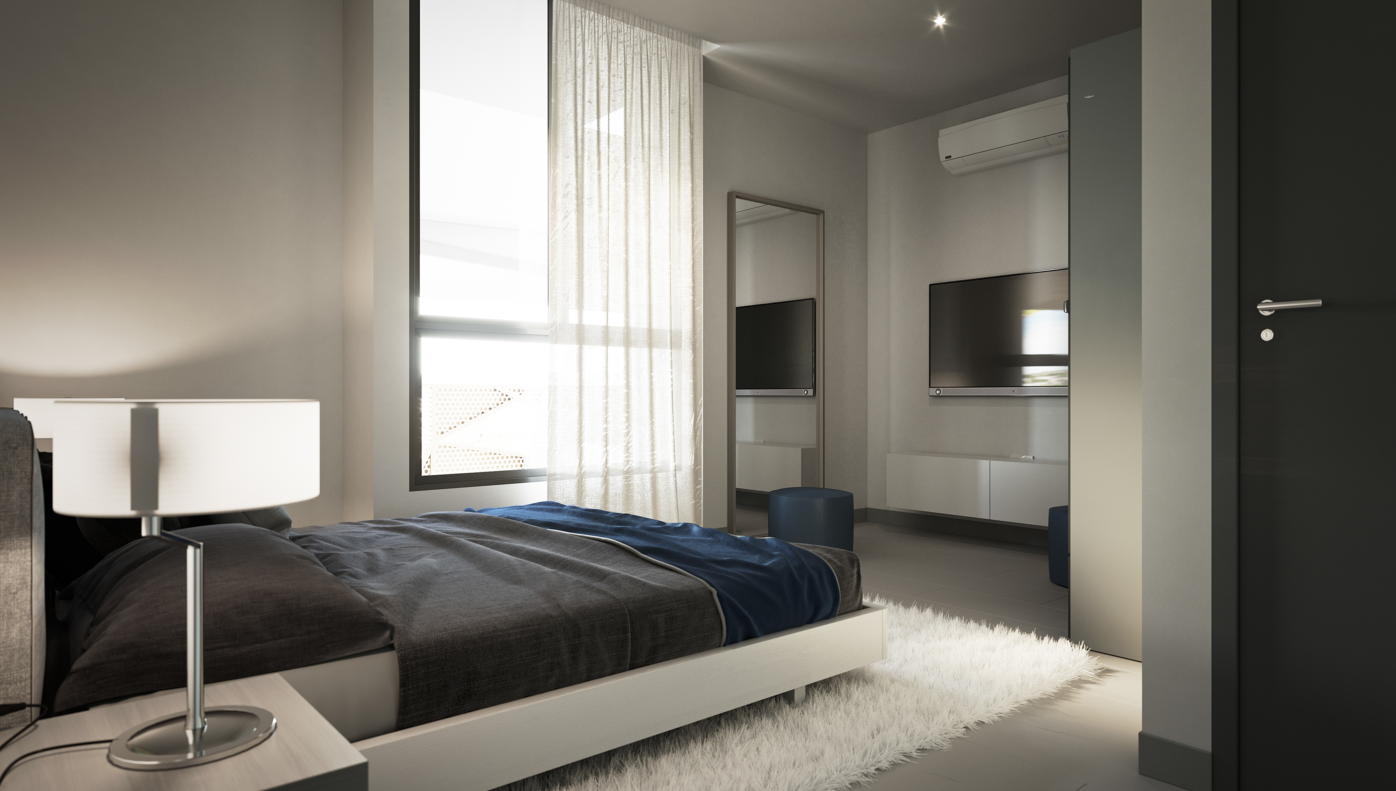 1957 Apartments and Retail bedroom from the bedside: chrome table lamp beside the platform bed, sheer curtain over a tall window, wall-mounted TV and low white cabinet opposite, full-height mirror.