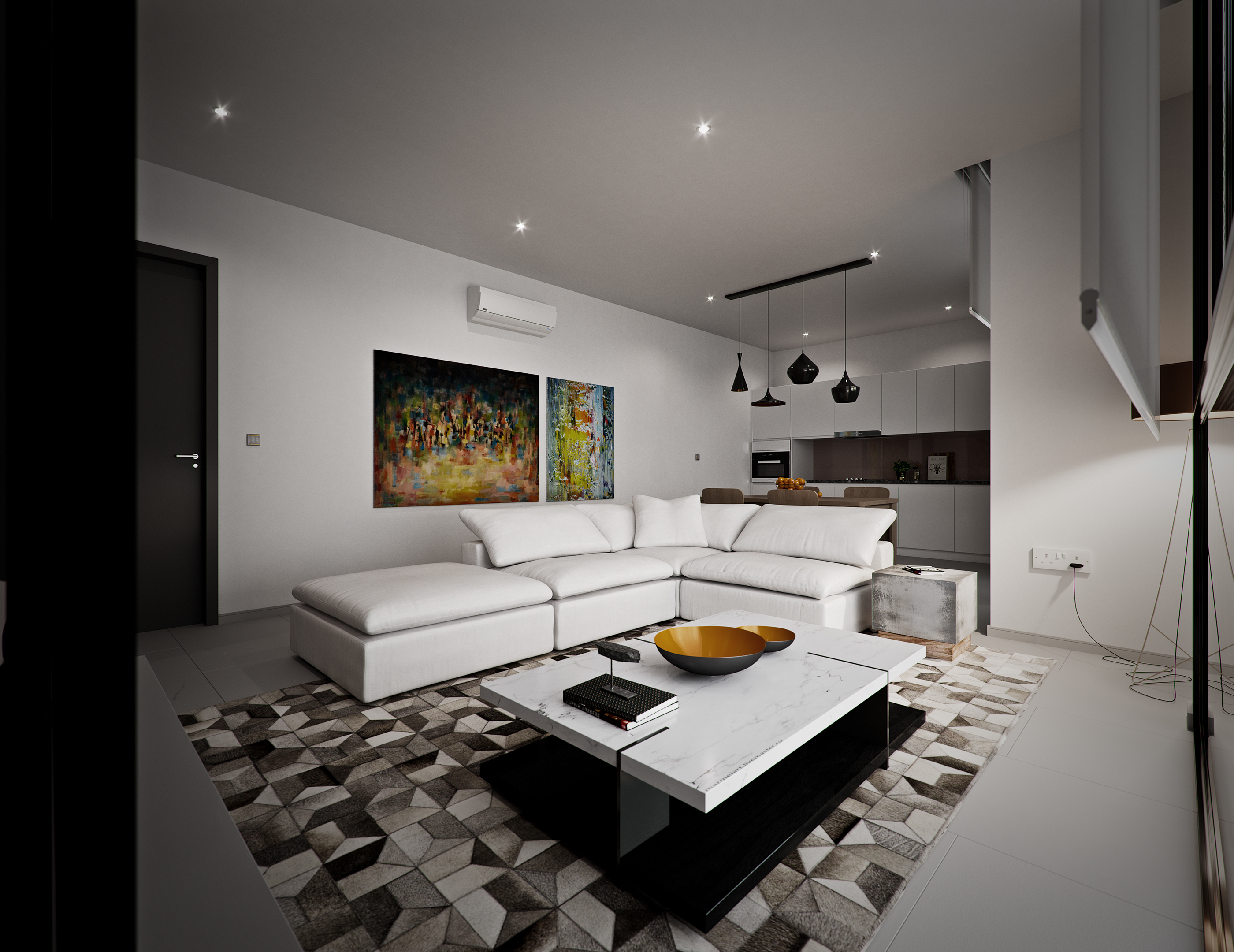 1957 Apartments and Retail living room: white L-shaped sectional on a grey geometric rug before a marble-topped black coffee table with brass bowls, two abstract canvases on the wall, open kitchen beyond.
