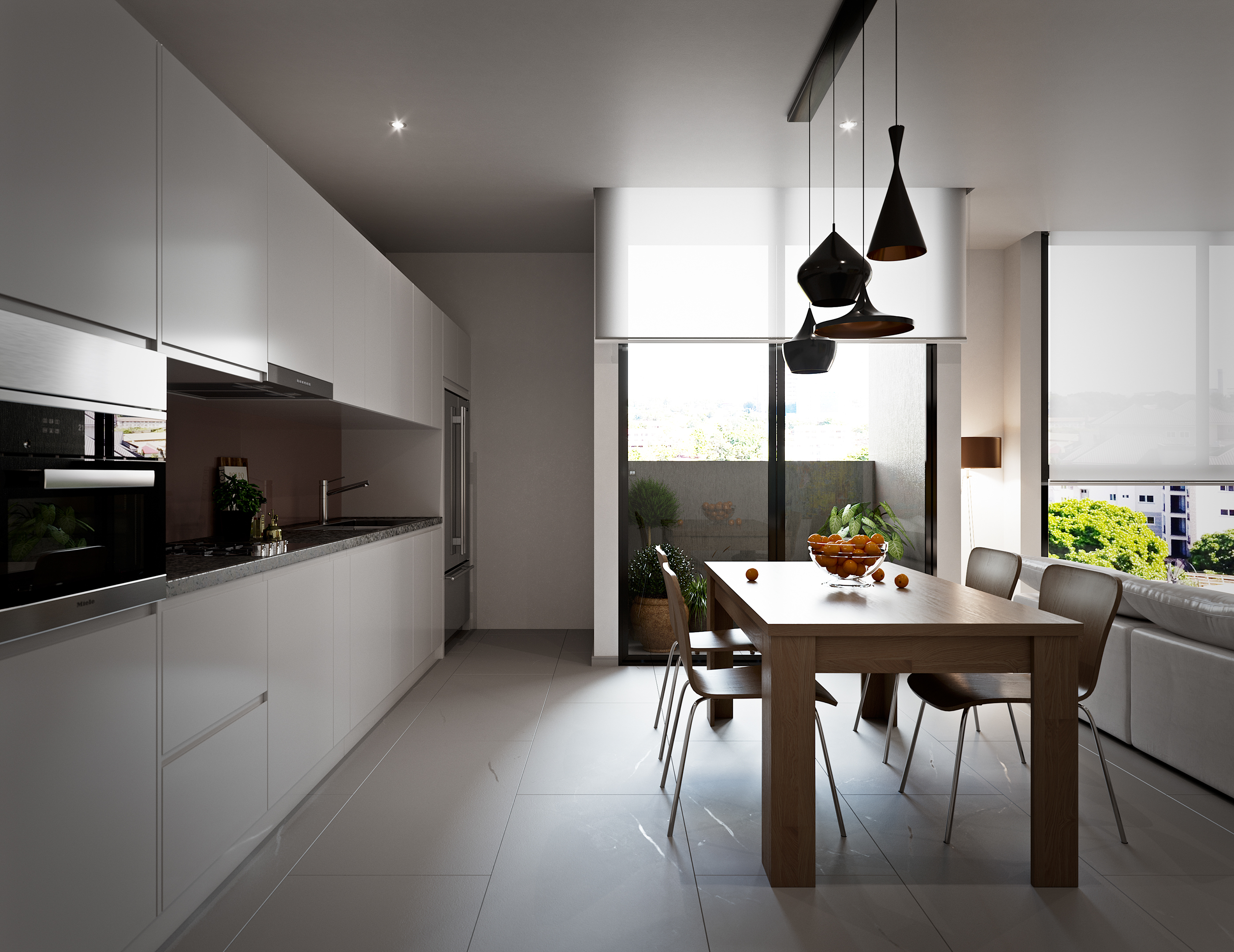 1957 Apartments and Retail kitchen and dining: handleless white cabinets with integrated ovens and a granite run, oak table with four chairs and a bowl of oranges under black cone pendants, glazed door to a planted balcony.