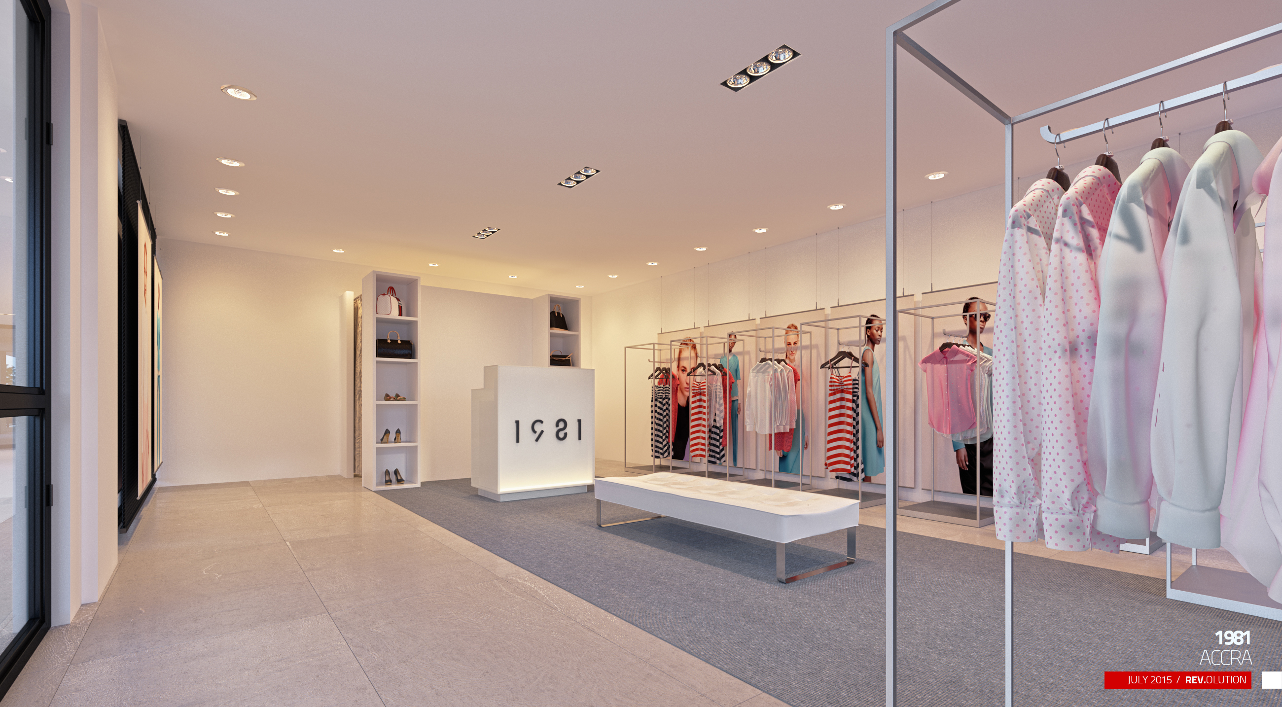 The shop from the glazed entrance end, with the lit plinth carrying the brand numerals, a tall white niche tower, chrome garment frames and a low white bench, over pale floor tiles