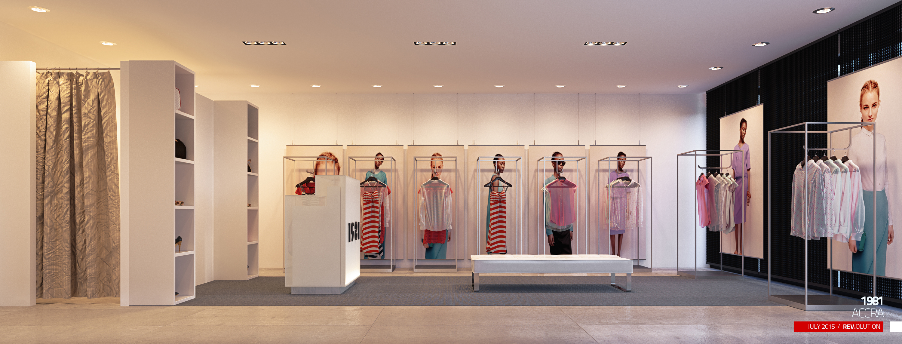 Elevation of the garment wall: six chrome frames holding single outfits in front of printed model panels, a gold curtain at the left, backlit fashion photographs on a black wall at the right, pale tiled floor