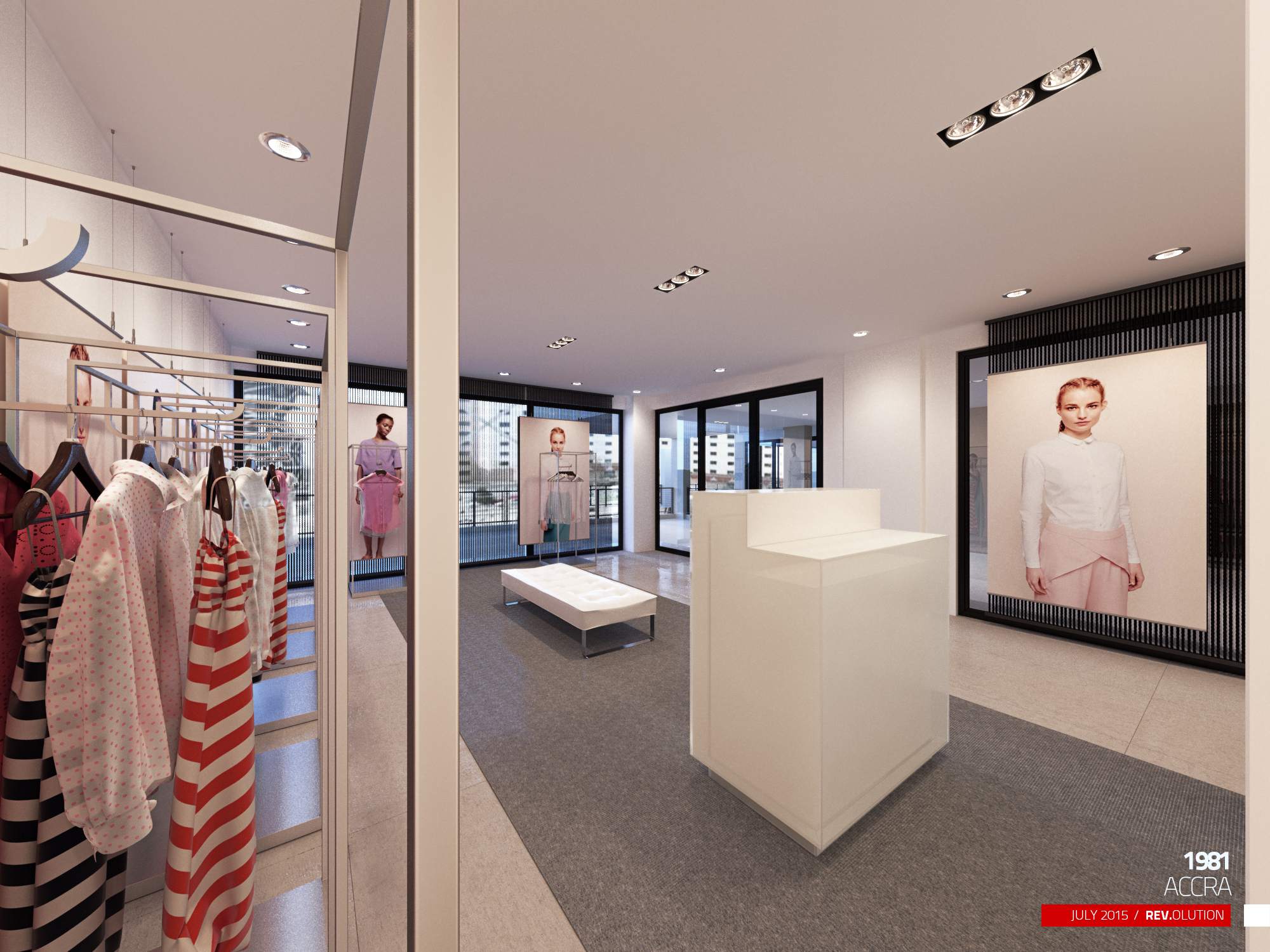View through a wide white reveal at the matte stepped till counter, a large backlit portrait mounted on black fluted panelling, floor-to-ceiling glazing onto the city beyond and a rail of striped garments in the foreground