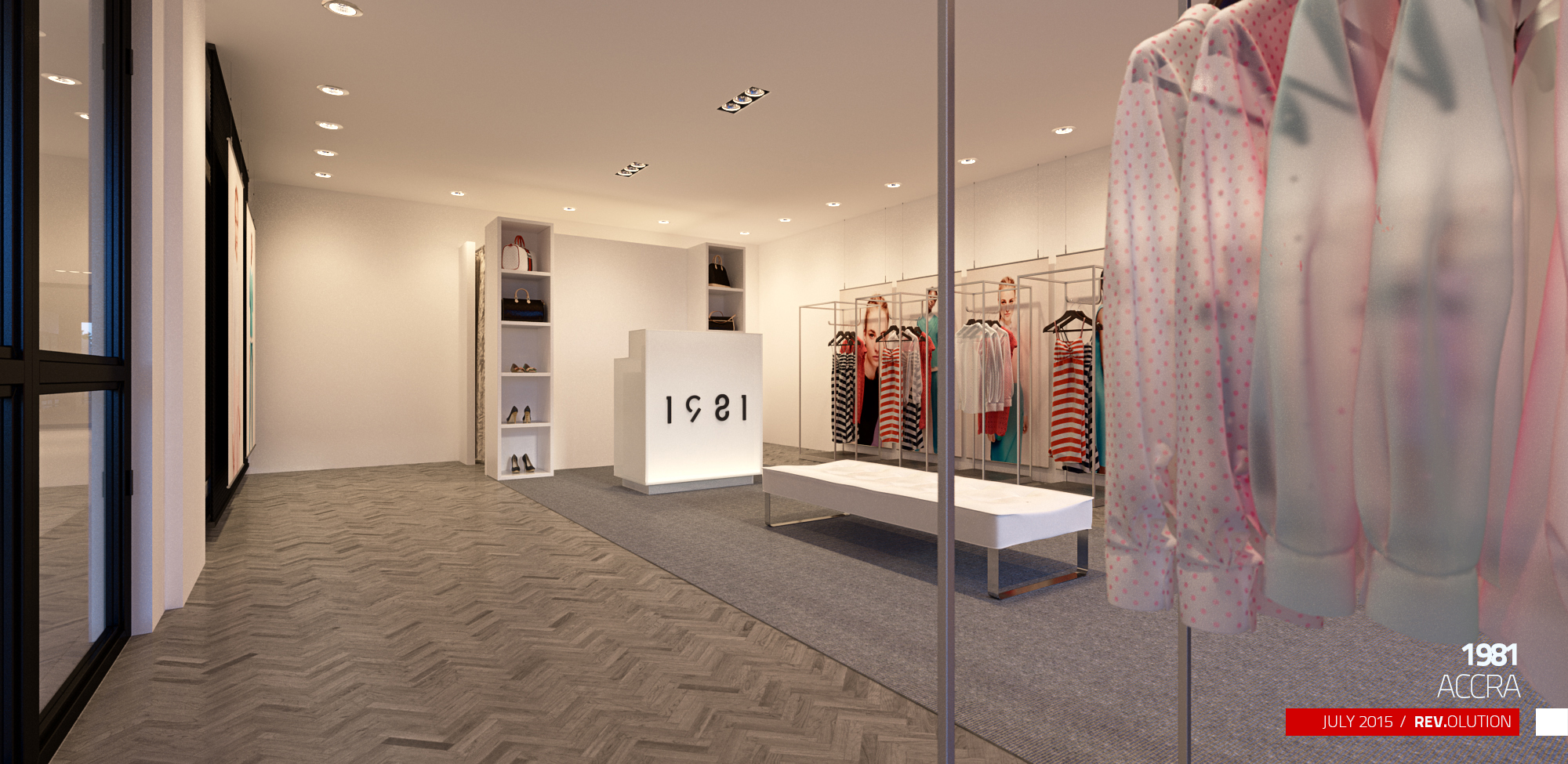 The same view with the entrance floor changed to grey herringbone parquet, shirts out of focus against the glass at the right