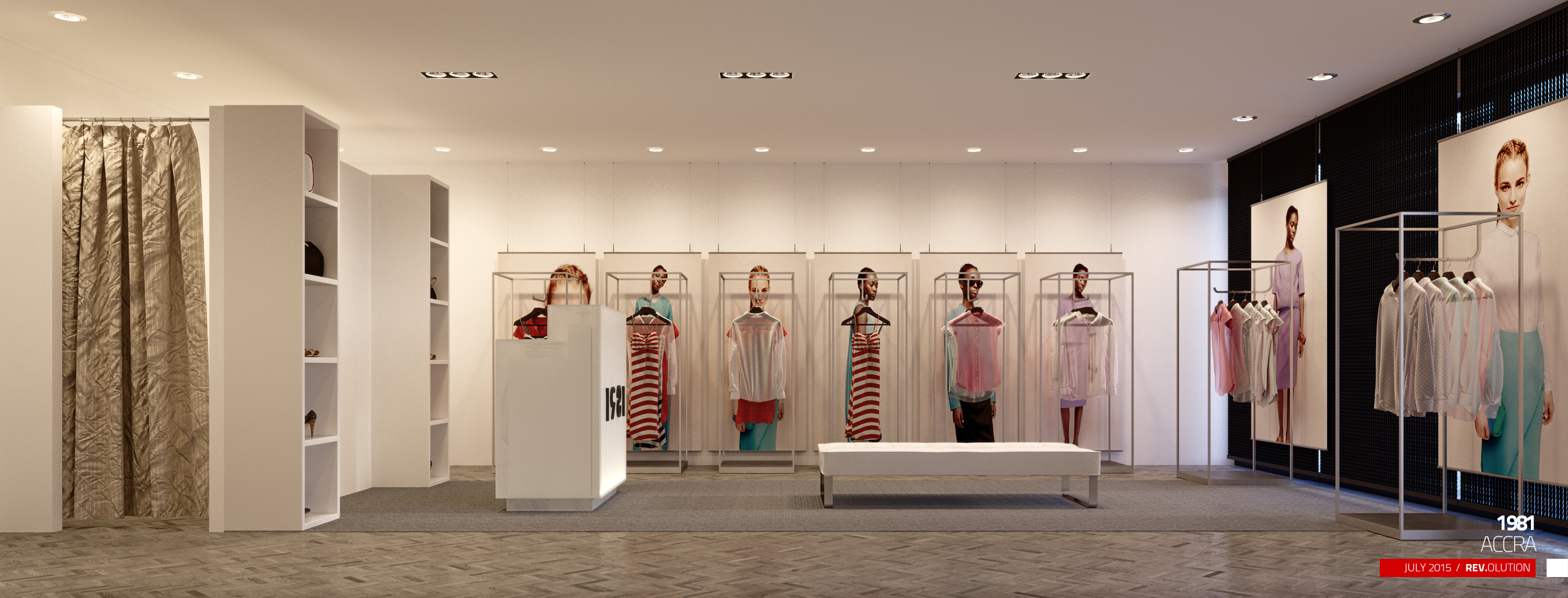 The same garment wall elevation with the floor in grey herringbone parquet