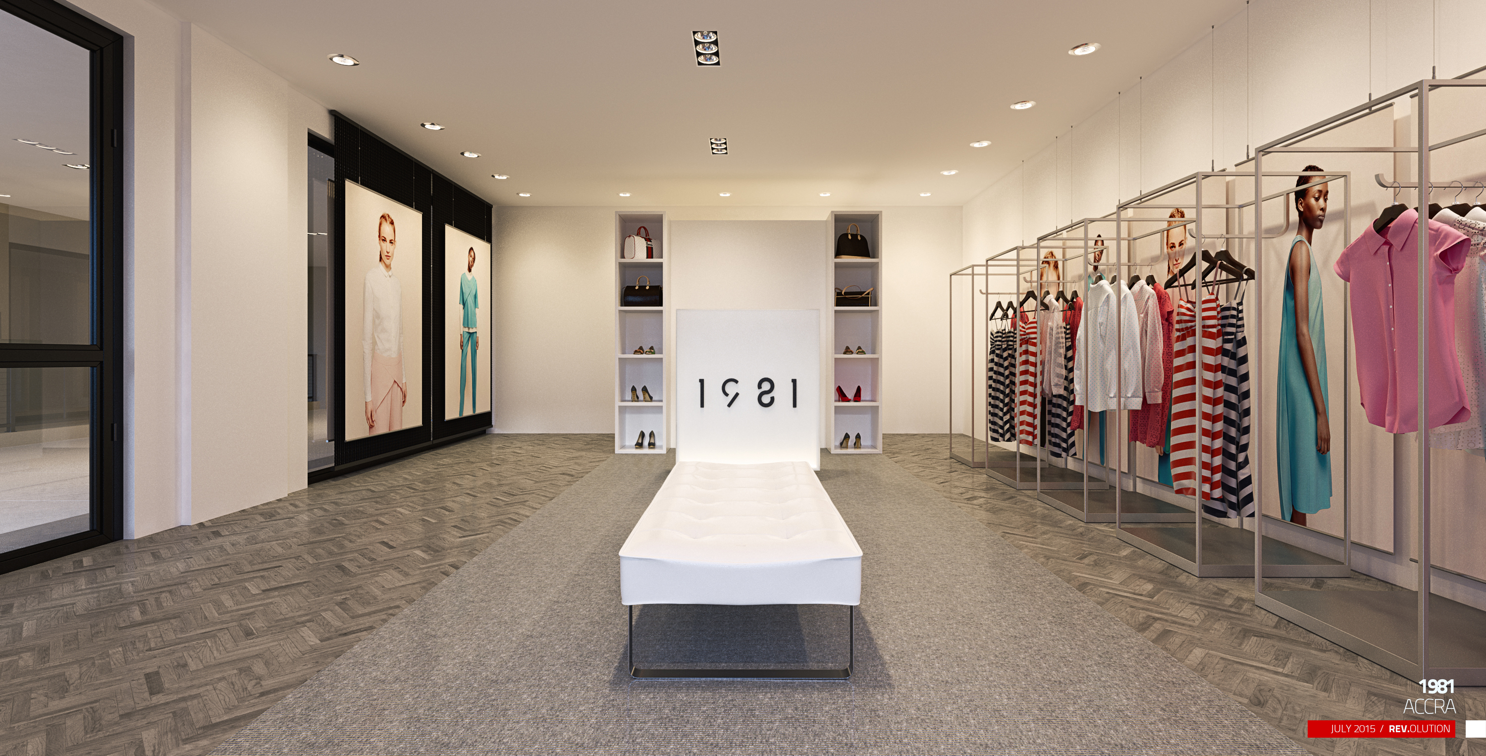 1981 - the retail shop read down its centre axis, bench on the carpet runner and the lit brand panel at the head of the room