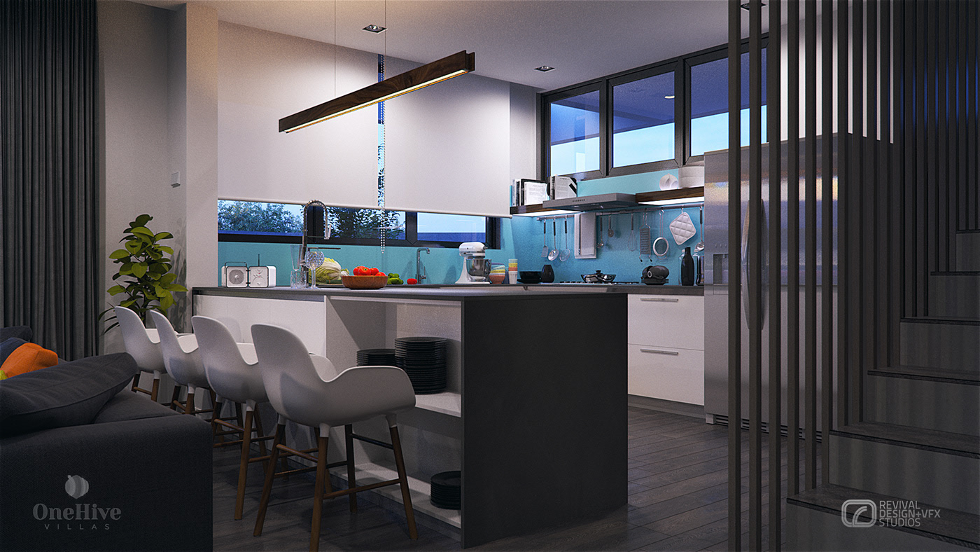 1Hive kitchen at dusk: grey island with shelves of black plates, four white stools, teal glass backsplash and a steel fridge under a wood linear pendant.