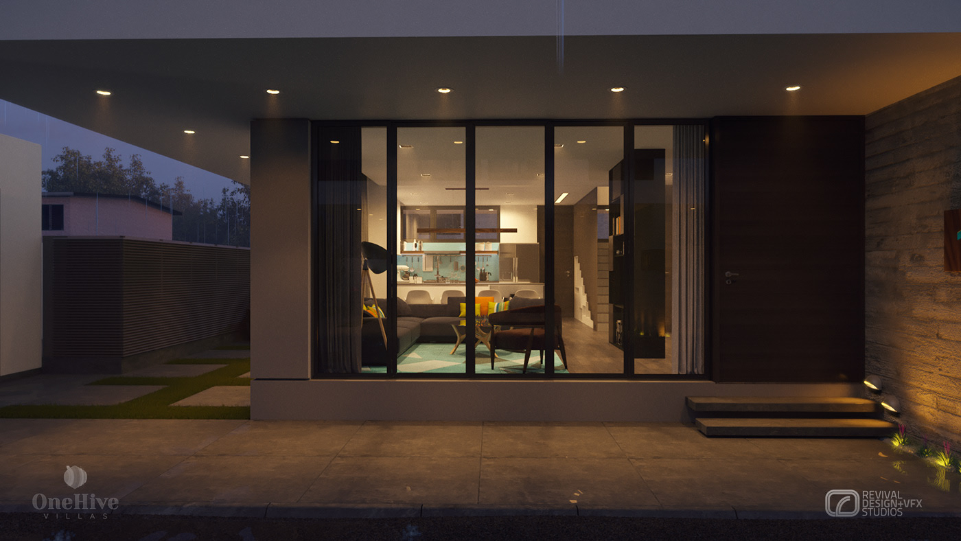 1Hive exterior at night across the paved patio: a sliding glass wall opens to the lit living room and kitchen, dark door panel right, uplit stone wall and steps.
