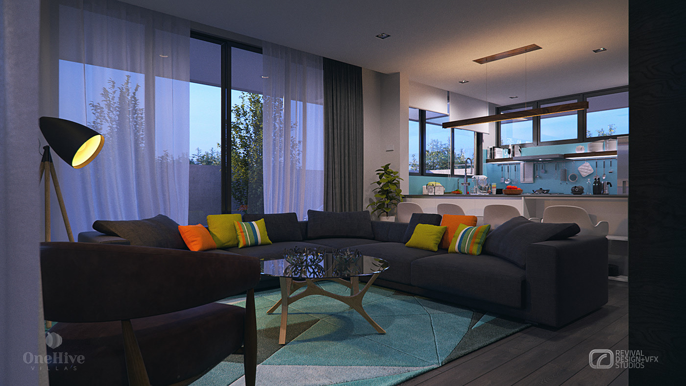 1Hive living room at dusk: grey sectional with orange and chartreuse cushions, teal geometric rug, glass coffee table, brown armchair and a tripod lamp, kitchen beyond.