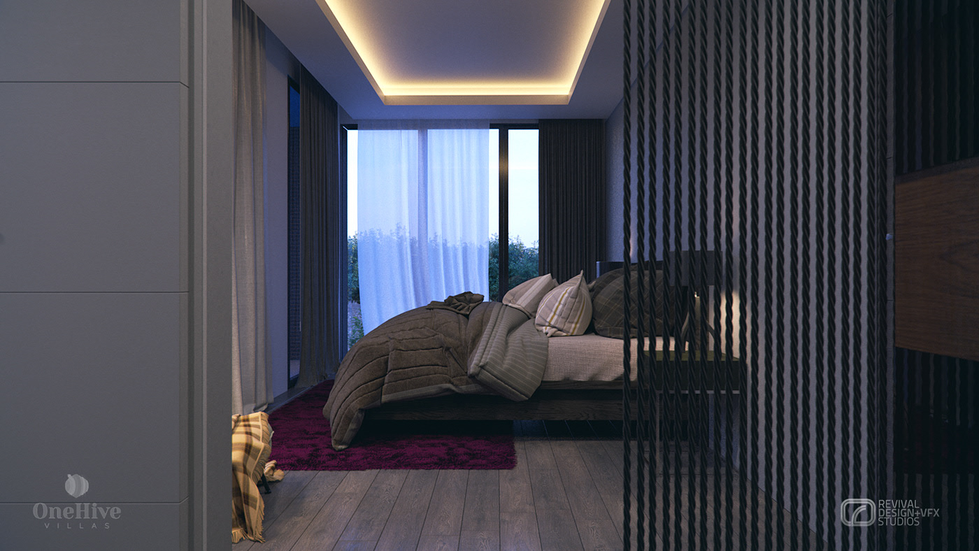 1Hive bedroom at dusk past a dark vertical rod screen: low platform bed with a grey-brown quilt and striped pillows, magenta shag rug, sheer curtains and cove lighting.