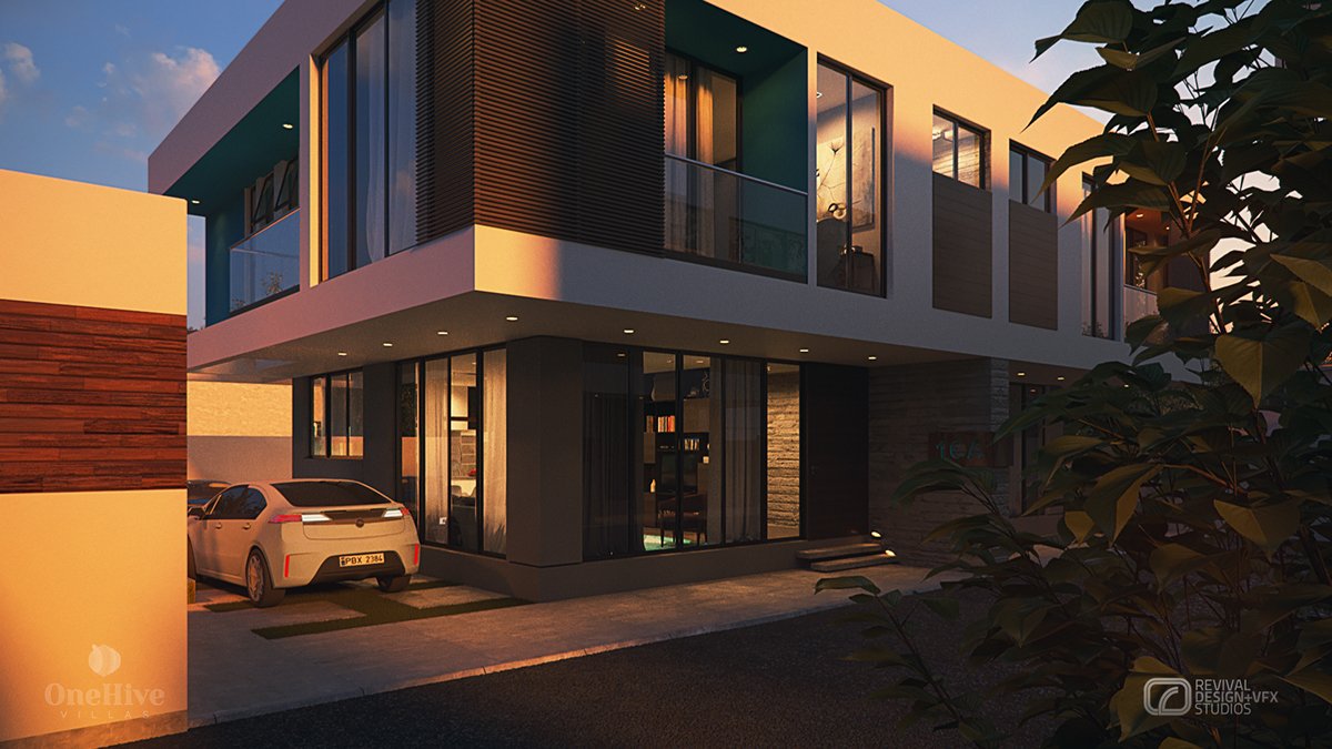 1Hive villa exterior at sunset: two storeys of white walls with teal balcony soffits, dark louver screen, glass railings, lit ground-floor glazing and a white hatchback.