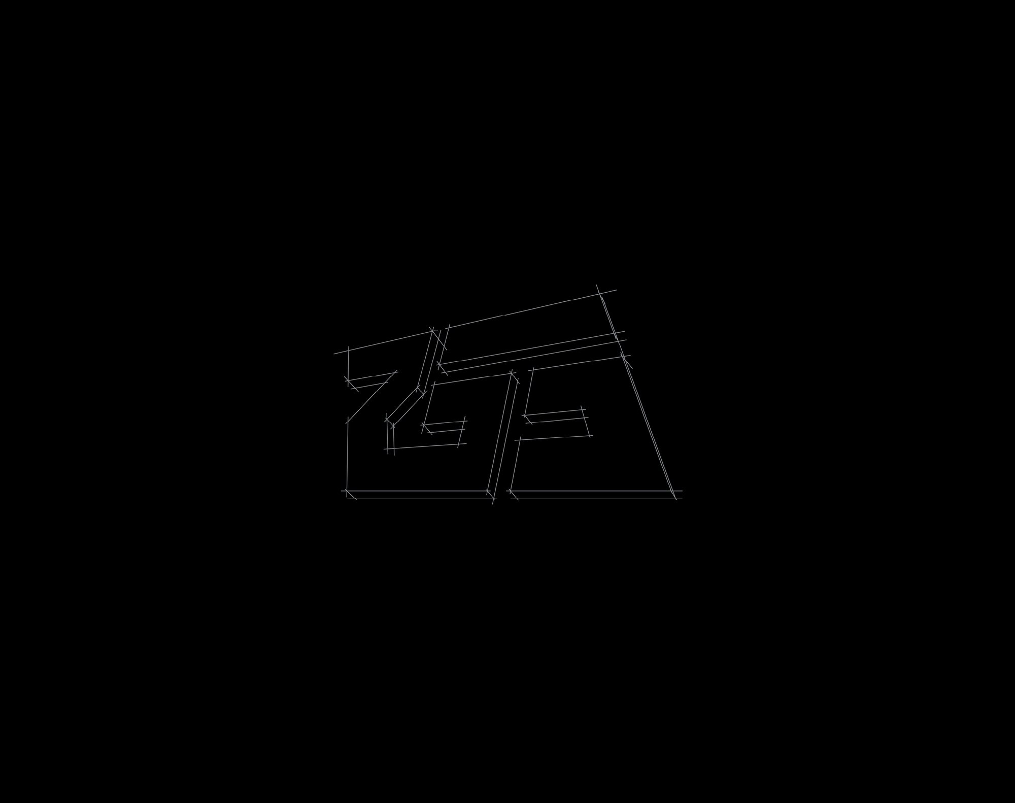 A single large construction-line wireframe of the monogram on black