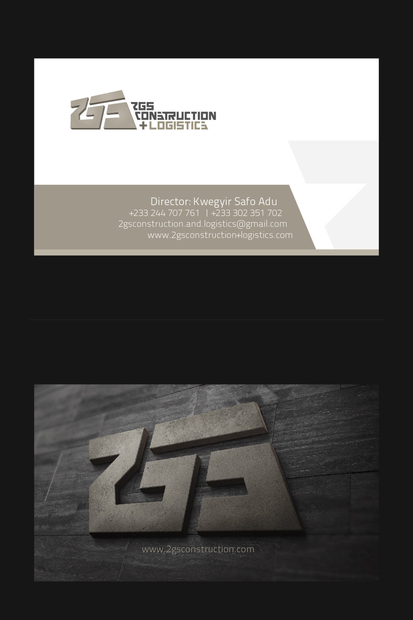 Business card variant closing with a sand footer band carrying the director line, above the concrete signage mockup