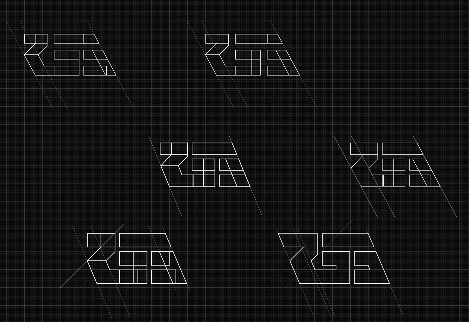 Six construction-grid wireframe studies of the monogram drawn in white line on a dark grid