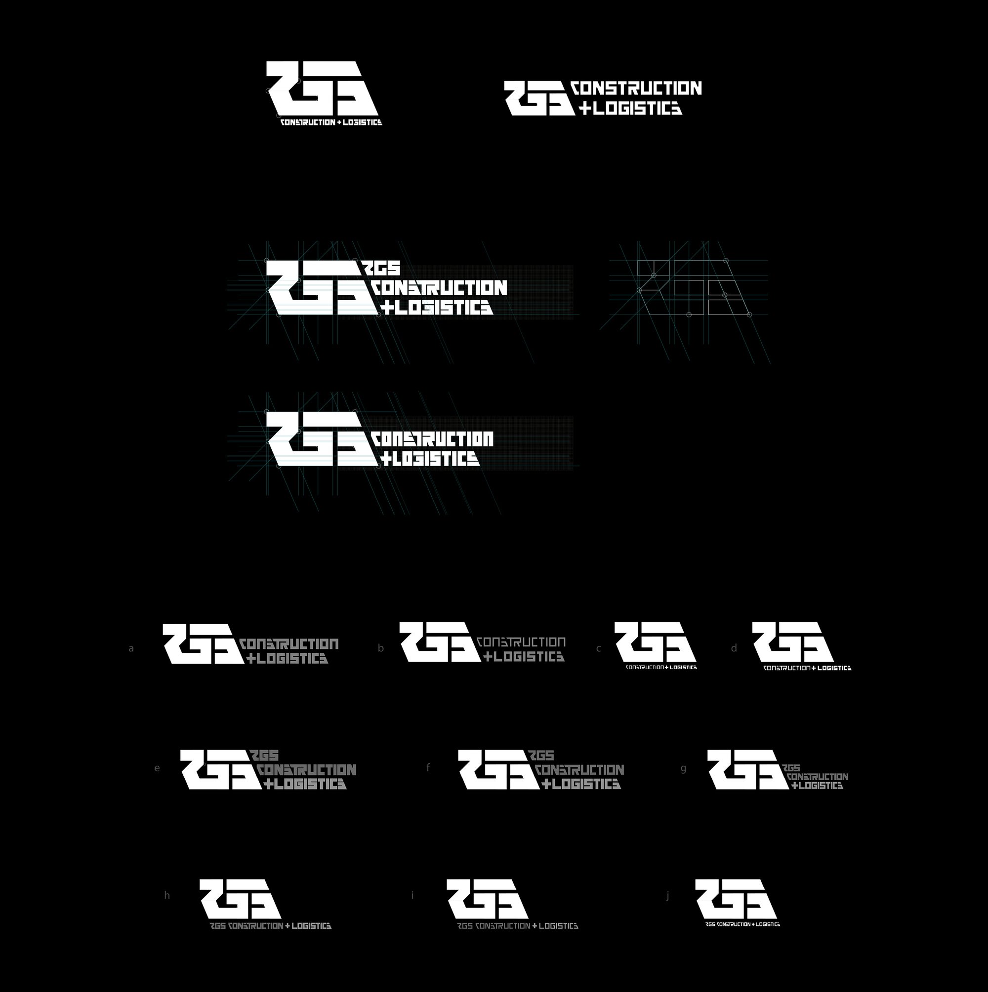 Lockup matrix on black: the monogram paired with the 2GS Construction + Logistics wordmark in stacked and horizontal arrangements at descending scales