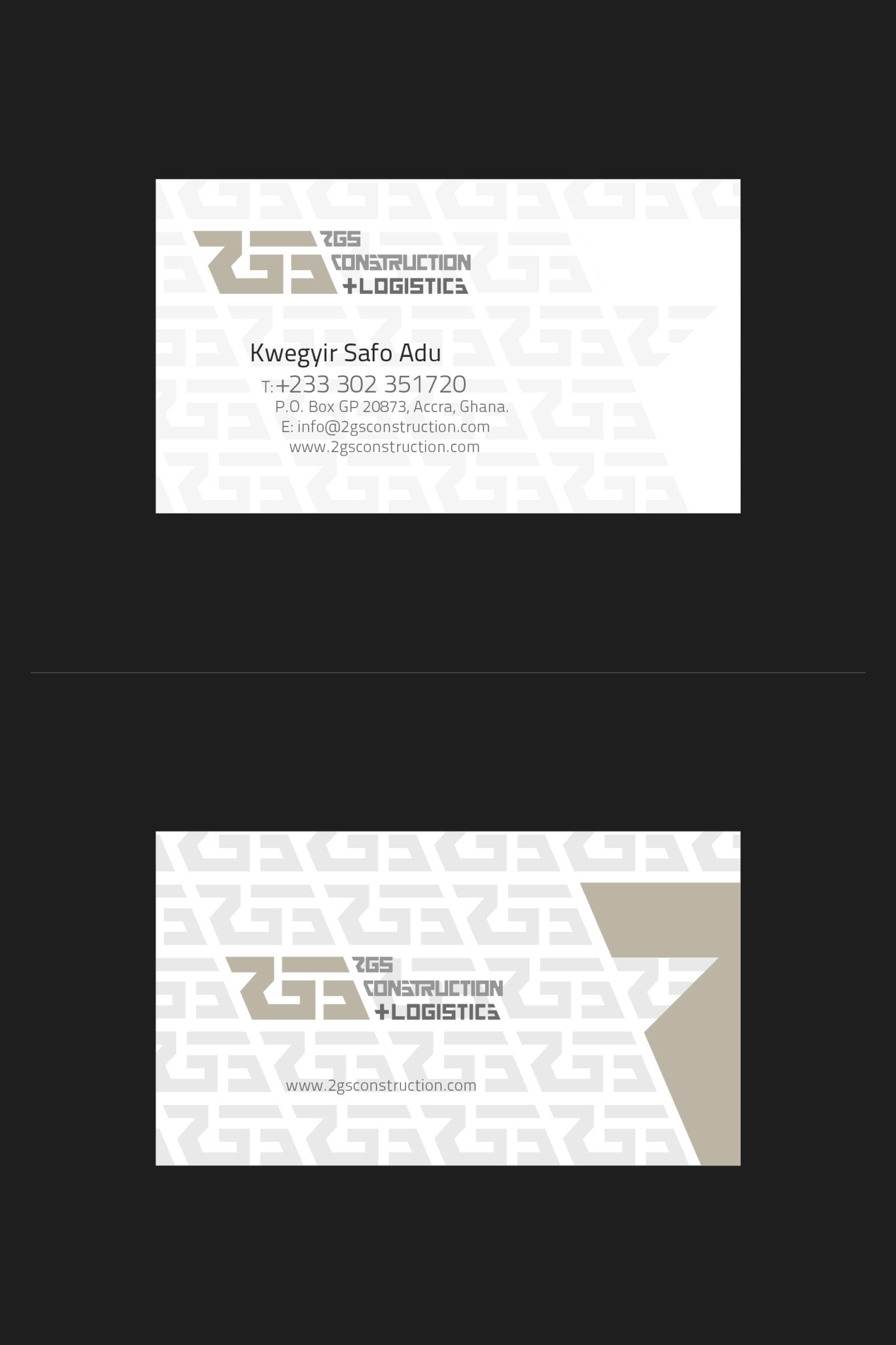 Business card, white variant: front carrying the lockup and a contact block, back patterned with the maze motif and a sand chevron