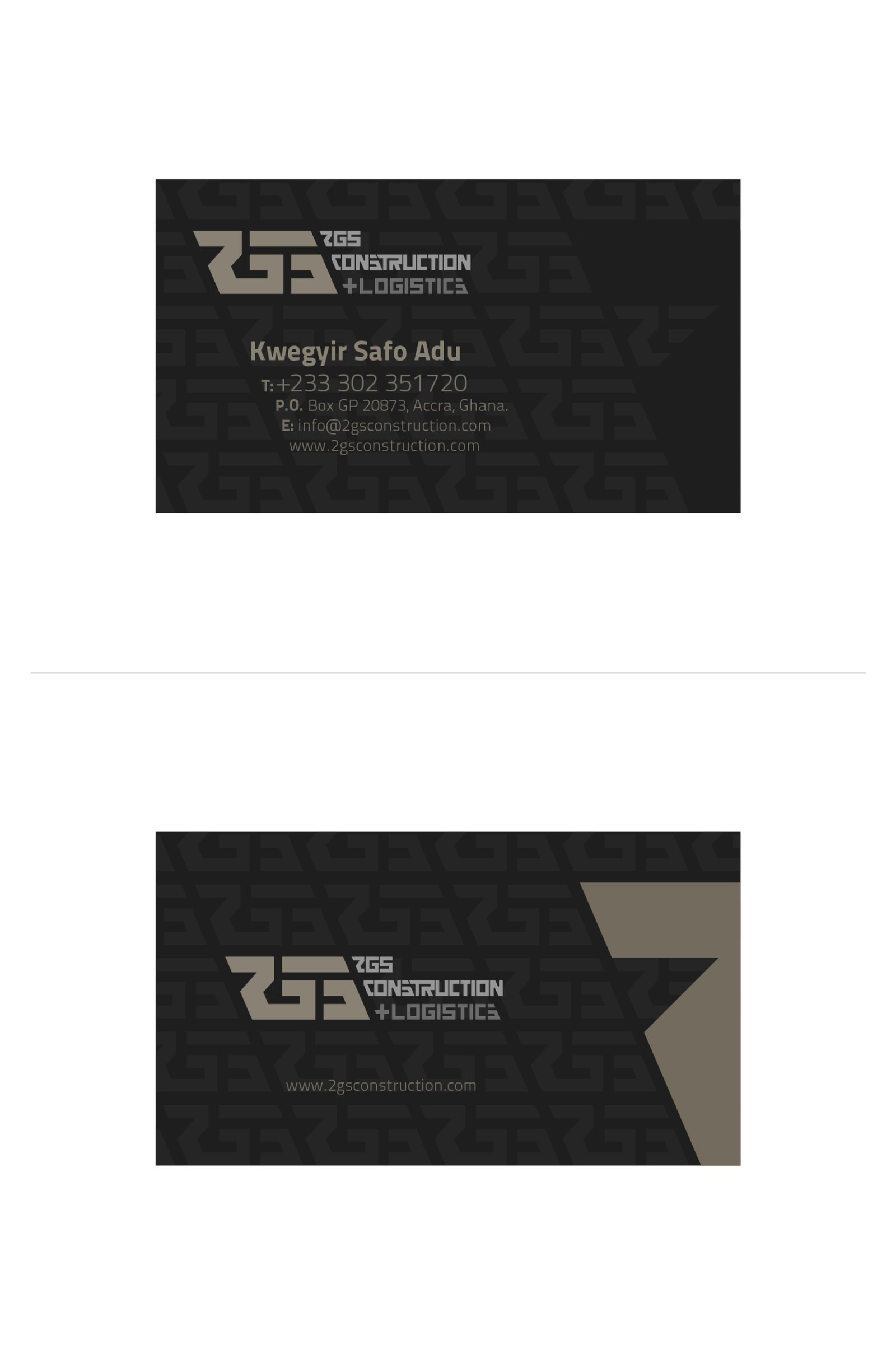 Business card, black variant: the same front and back reversed onto a dark ground with the maze motif worked into it