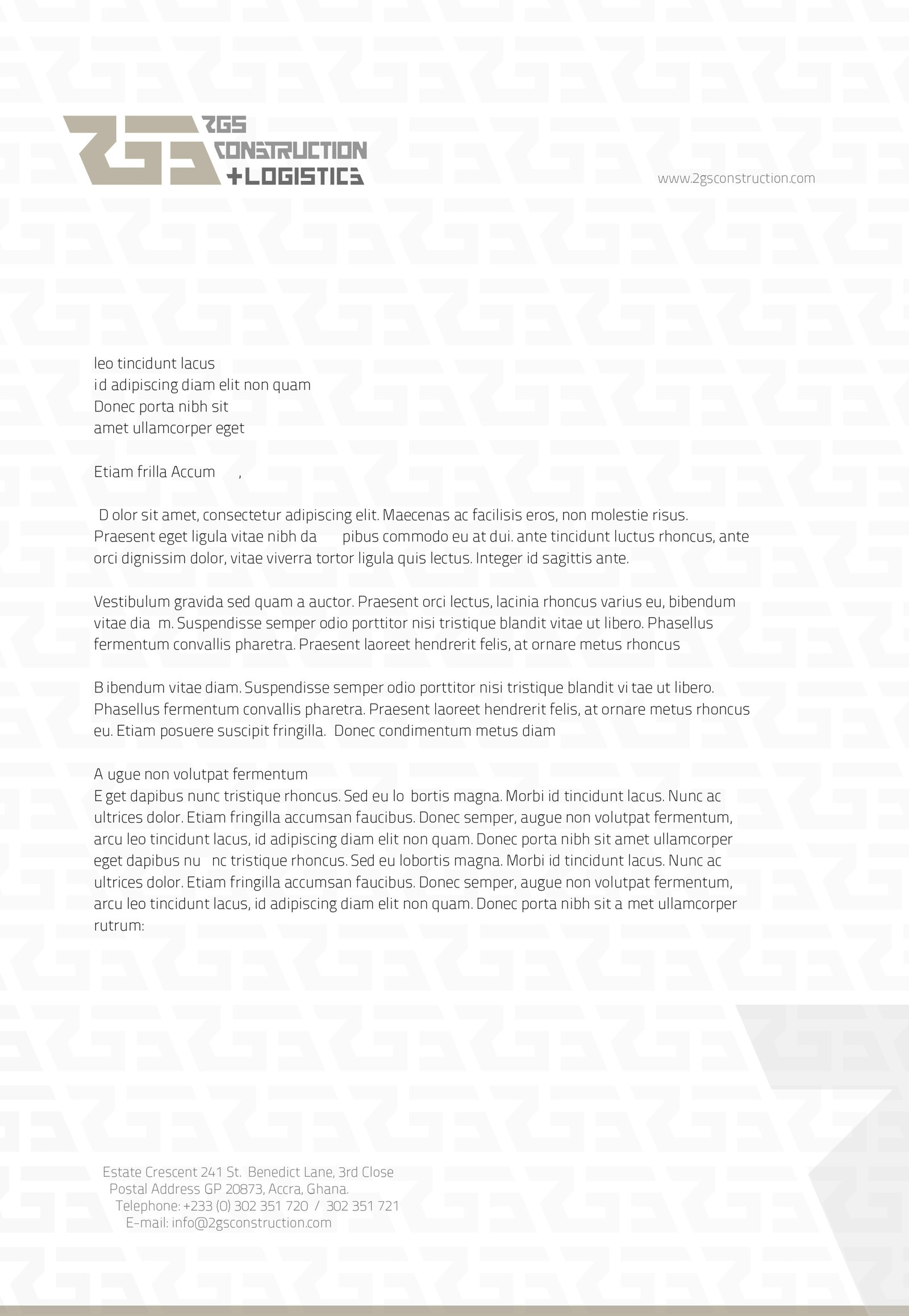 Letterhead: lockup at the top left and web address at the top right over a faint maze-patterned ground, with the address block in the footer