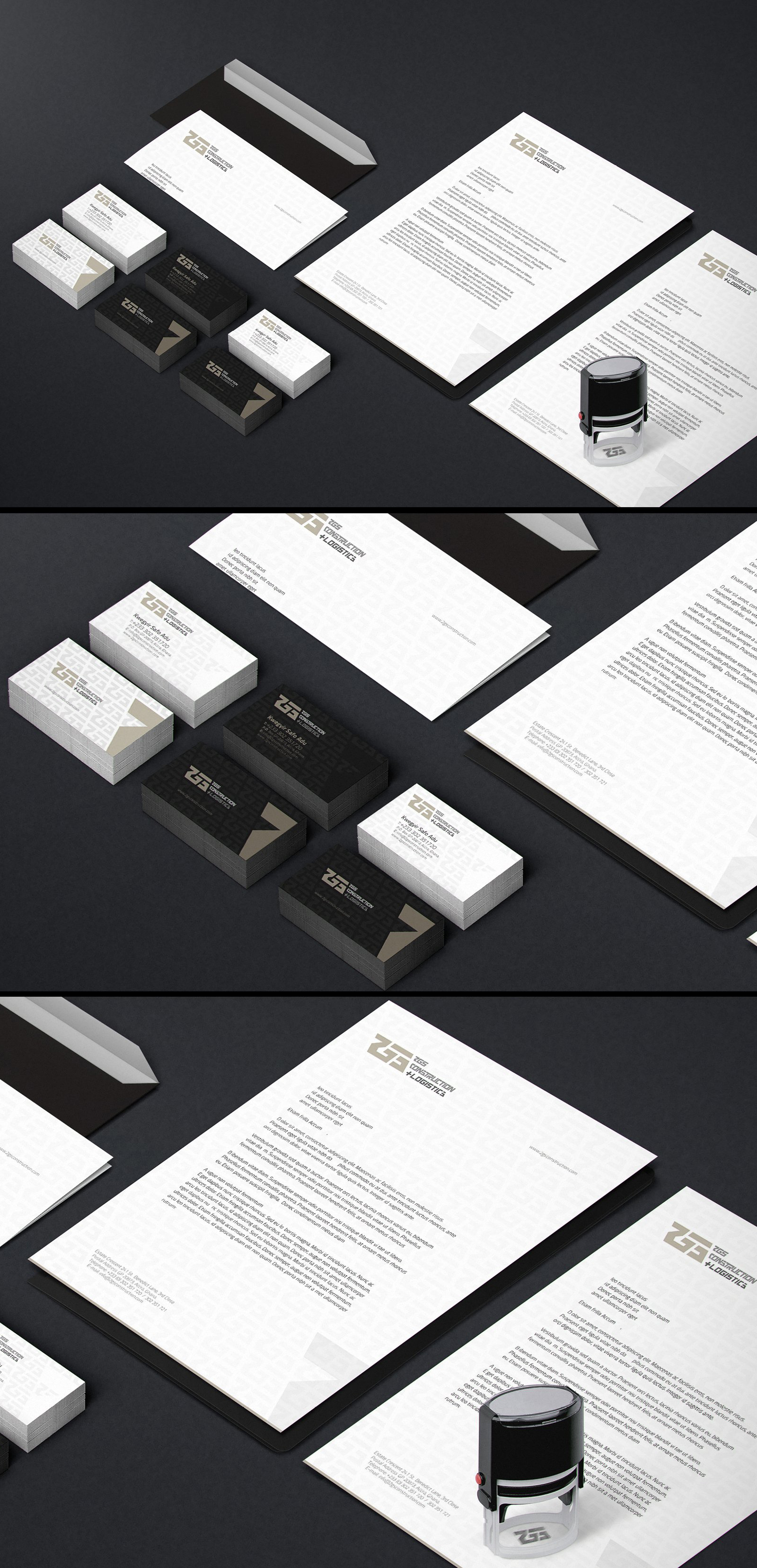 Stationery suite in isometric mockup: stacks of white and black business cards, letterheads, envelopes and a stamp carrying the monogram
