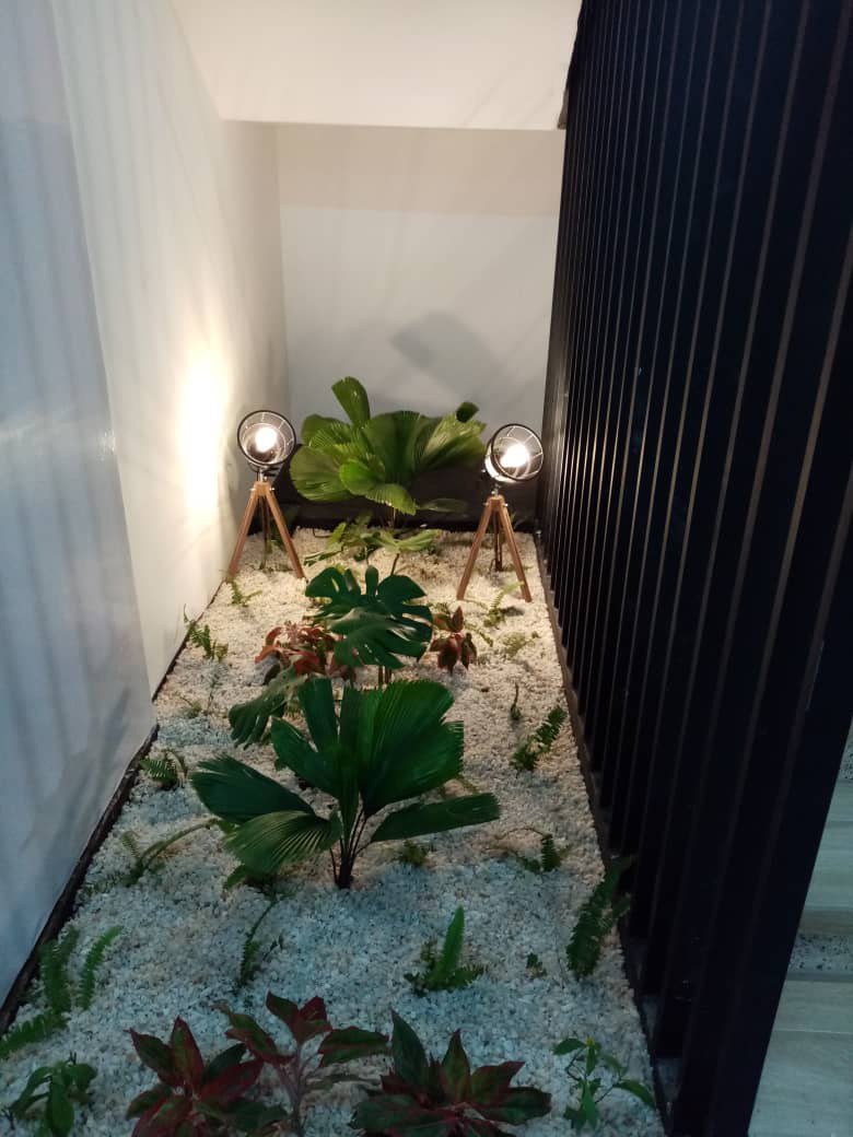 5AAP — the light-well planted out with broad-leafed tropicals, two tripod lamps throwing the pattern onto the white wall