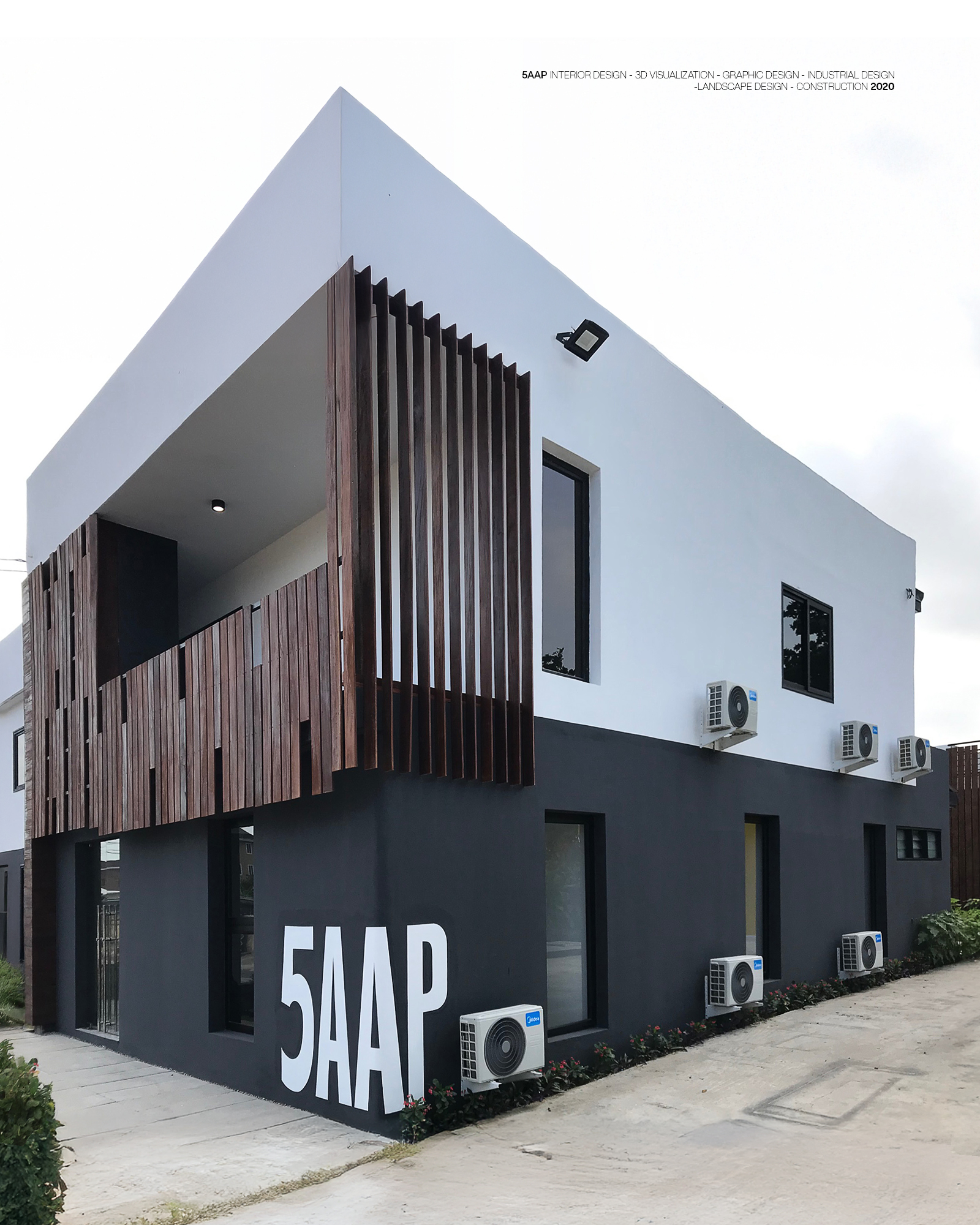 5AAP — the design intent: a white upper volume over a black plinth, the first-floor balcony screened with vertical timber battens and the wordmark wrapped around the corner