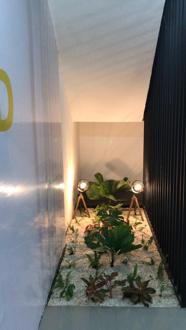 5AAP — the planted light-well: white gravel, succulents and ground spotlights pinned between a white wall and a screen of dark vertical battens