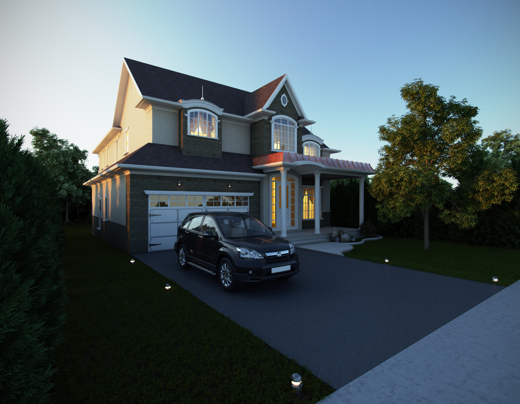 94 Laurel rear elevation by day: a stone gable with tall white sash windows and an arched fanlight beneath a rendered upper storey, a white-balustrade first-floor balcony over a columned loggia, and a lawn set with a swing set and a child's ride-on toy.