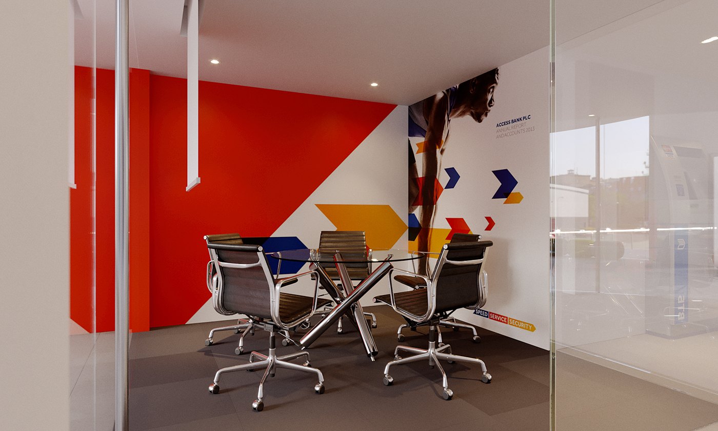 Visualization of a glass-fronted meeting room: mesh task chairs around a table, a red and orange geometric brand graphic with chevrons on the rear wall, and a full-height glazed partition reflecting the daylight from the window wall beyond.