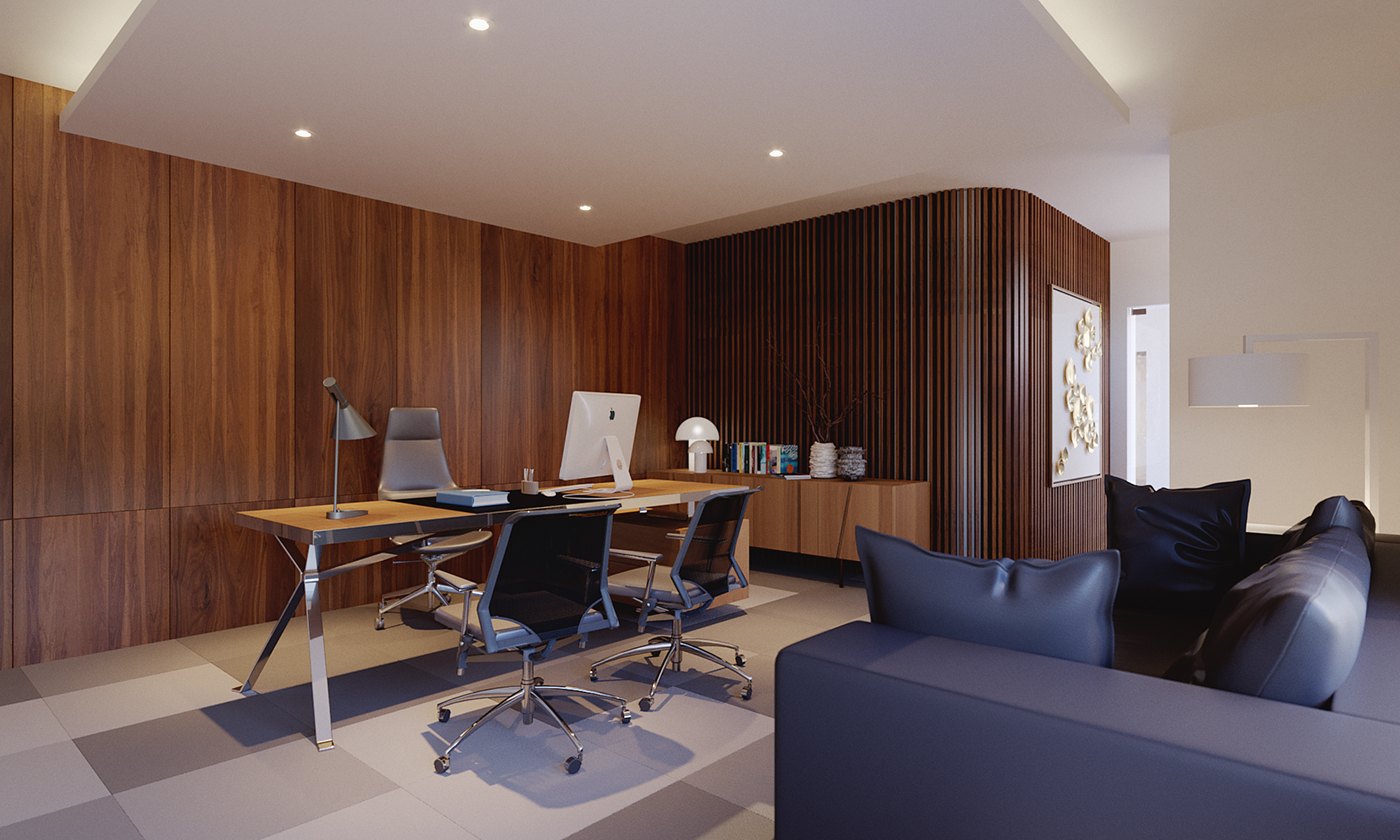 Executive office visualization with dark timber veneer and vertical slat walls, a white desk carrying a desktop computer and task lamp, grey carpet tiles, and a navy leather sofa in the foreground under recessed ceiling downlights.