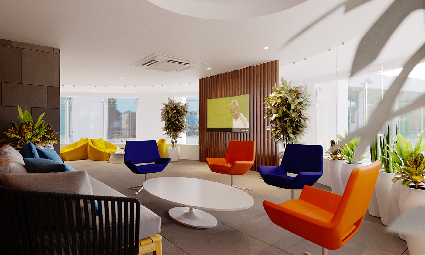 Open client lounge visualization: grey sofa and a round white coffee table in the centre, blue and orange accent chairs, yellow armchairs by the window, a timber slat wall with a green screen, planters and a circular ceiling feature.
