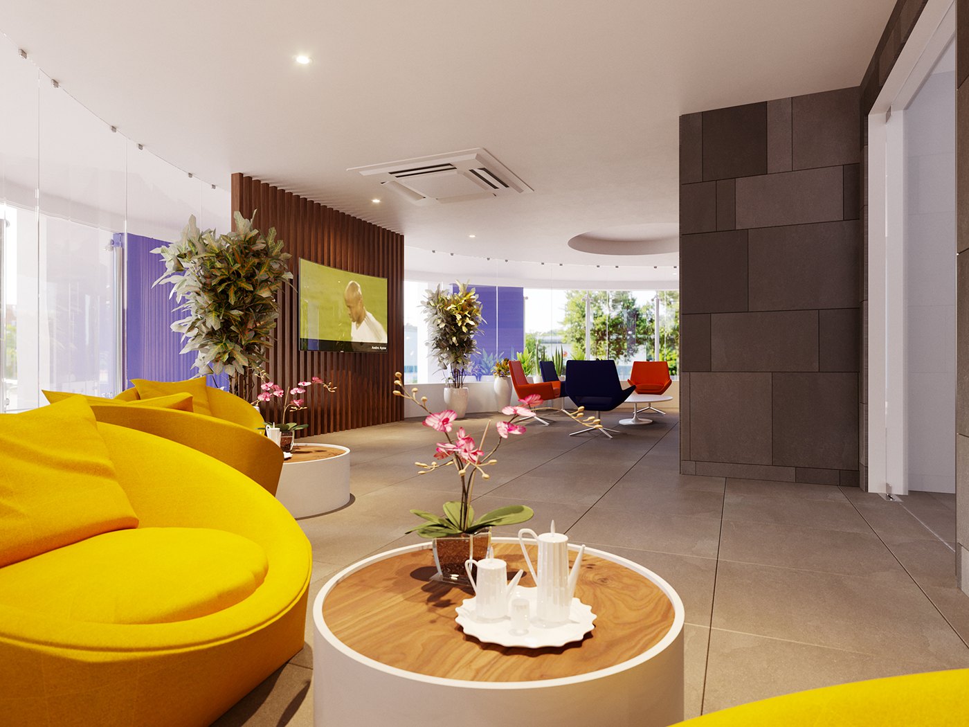 Waiting area visualization seen across a bright yellow curved sofa and a timber-topped round table laid with a white tea set, with orchids in planters, a dark stone-clad column, and a glazed wall to a further seating bay.