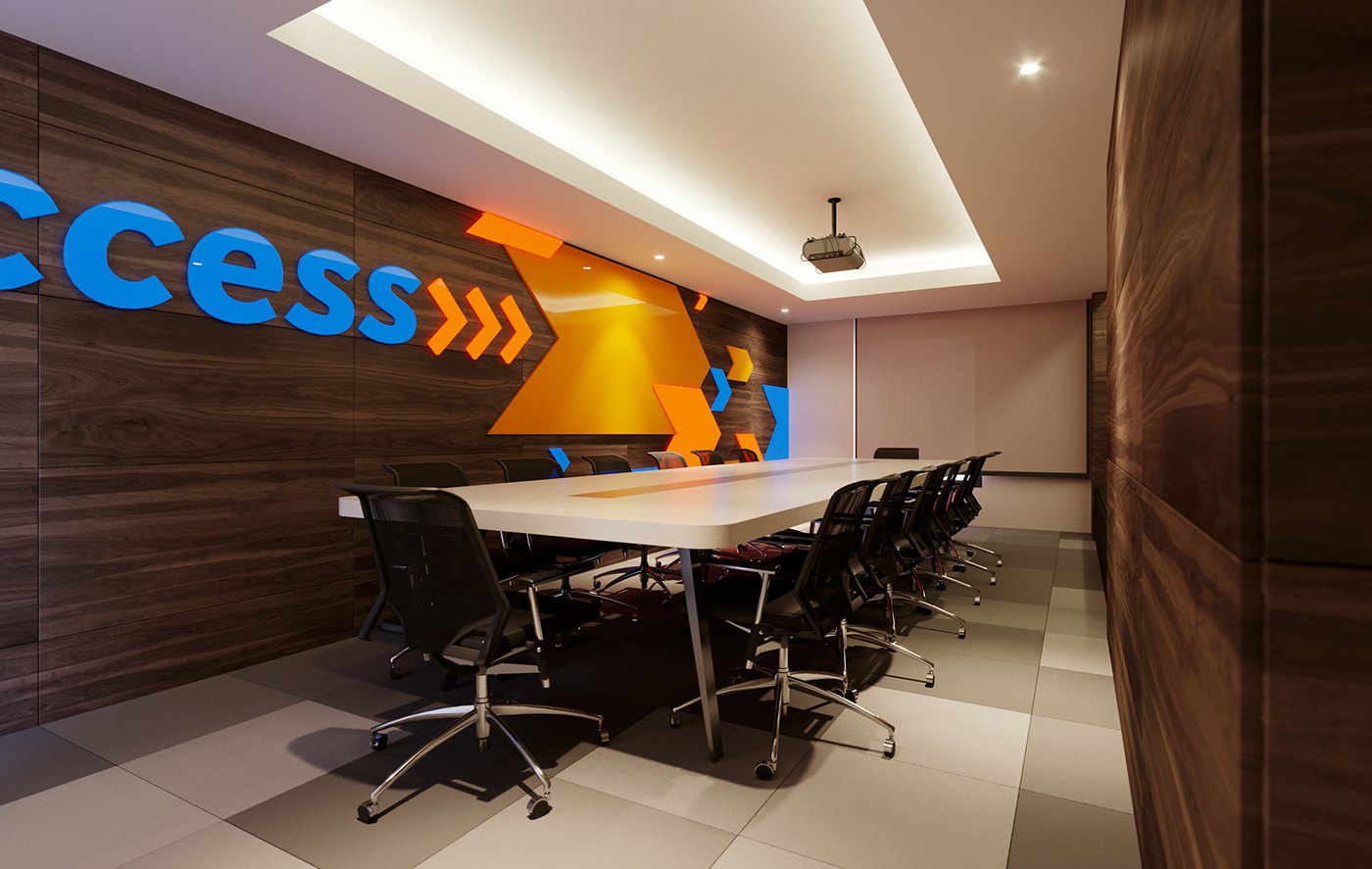 Boardroom visualization: a long pale conference table with black mesh chairs under a cove-lit ceiling recess, projector above, and a dark timber feature wall carrying the backlit blue access wordmark with orange chevron arrows running off its edge.