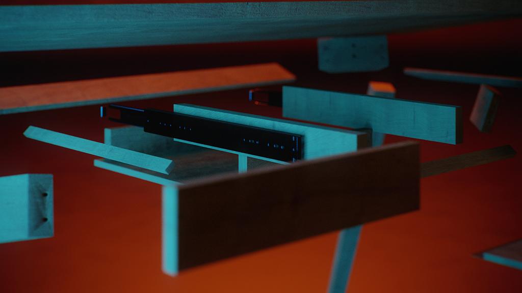 Ackon Desk taken apart in mid-air: pale timber slats and a black cable-management rail hanging above an orange floor in teal light