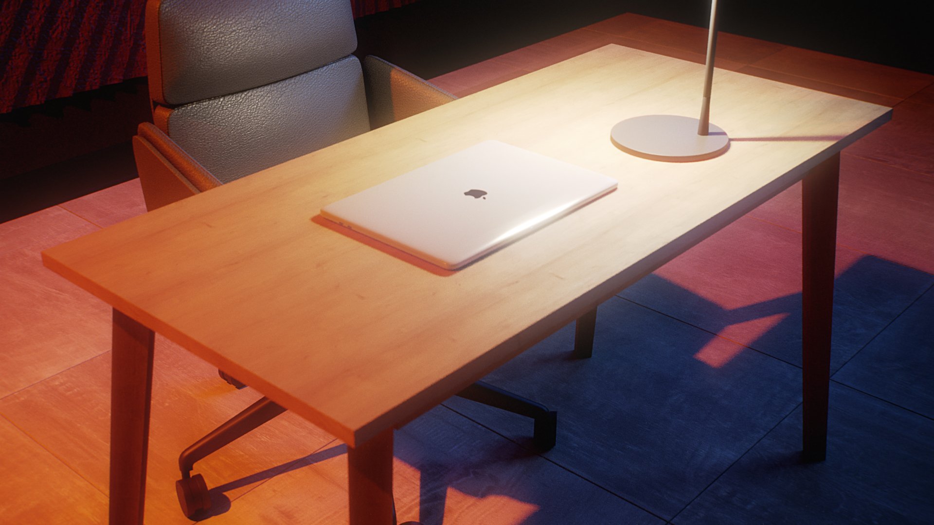 Ackon Desk seen from above: closed silver laptop and a round-base white lamp on the pale timber top, grey leather chair behind, warm light on blue floor tiles