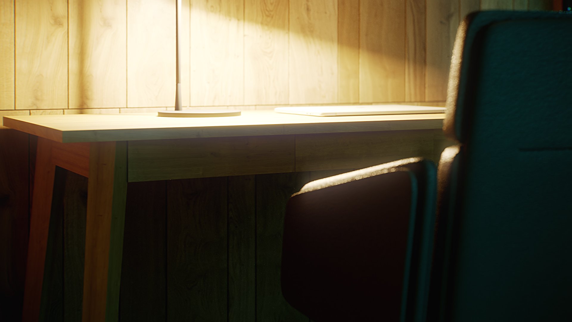 Ackon Desk in side view against a vertical timber plank wall: round-base lamp and laptop on top, dark leather chair in the right foreground, warm golden light