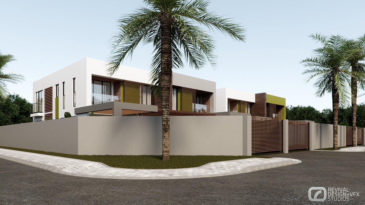 Exterior street view render of a single two-story white townhouse set behind a beige boundary wall and metal gate, a tall palm in the front garden and a curved asphalt driveway sweeping past under a clear blue sky.