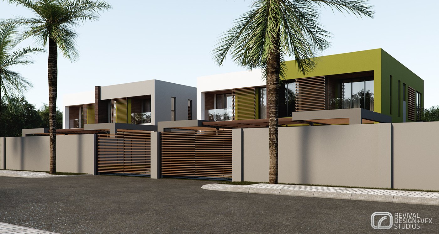 Exterior street render of the townhouse row with one unit given a lime-green accent volume, beige boundary wall and slatted metal gates, tall palms and an empty asphalt road catching the daylight.
