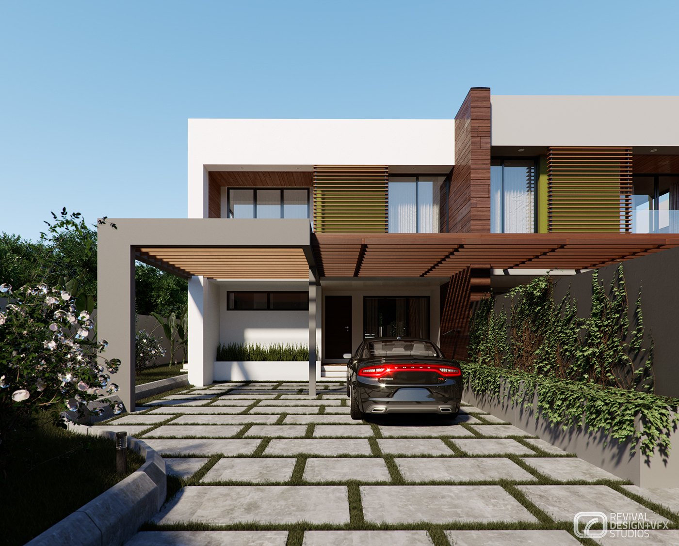 Exterior render of a timber-pergola carport sheltering a dark sedan on a paved split-stone driveway, a brick accent column and white rendered walls with horizontal wood slats behind, planting along the right edge.