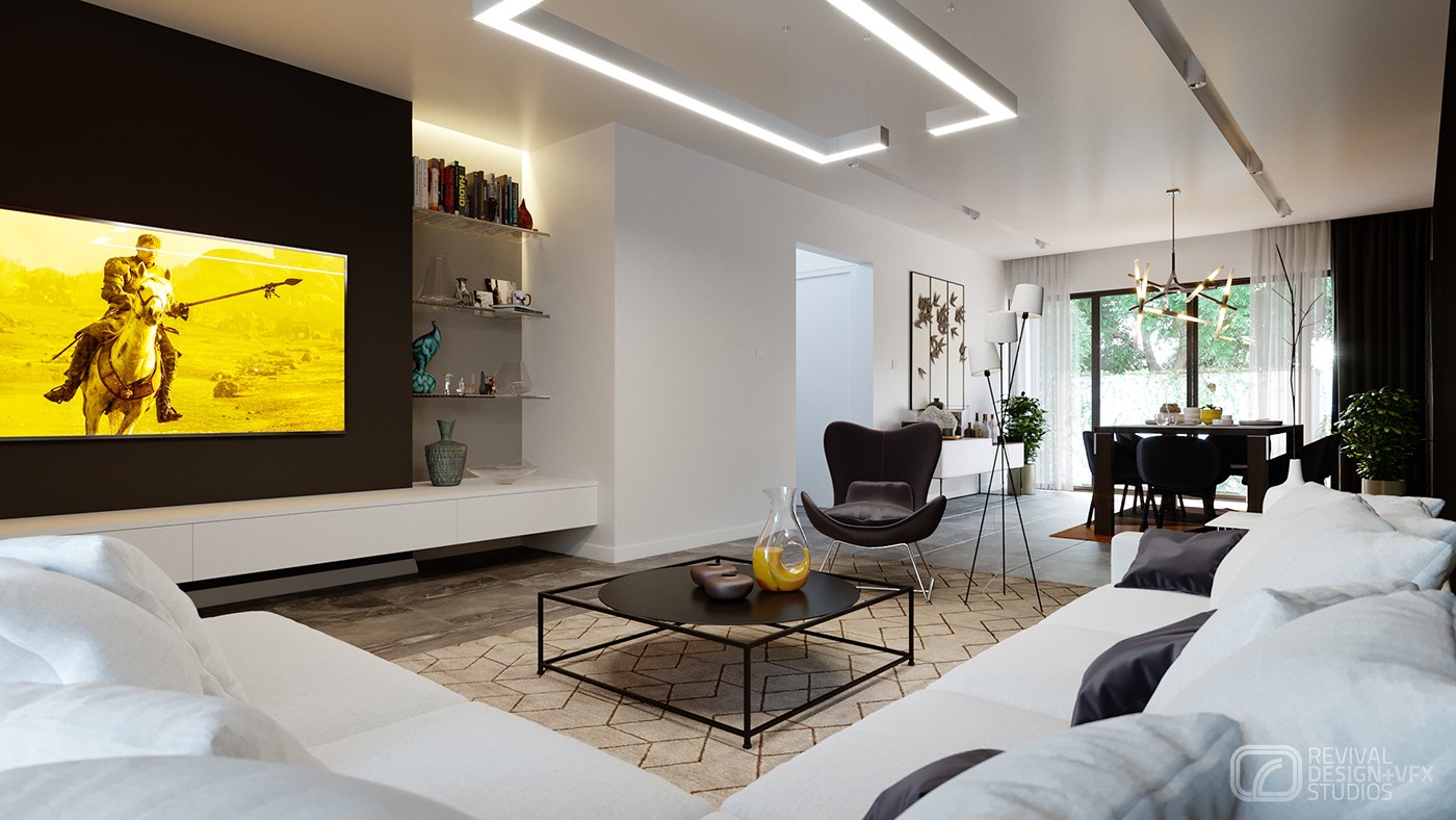 Interior living-room render with a white sofa and black accent chair facing a media wall lit by a glowing yellow artwork panel, linear ceiling lights overhead and the dining area glimpsed in the background.