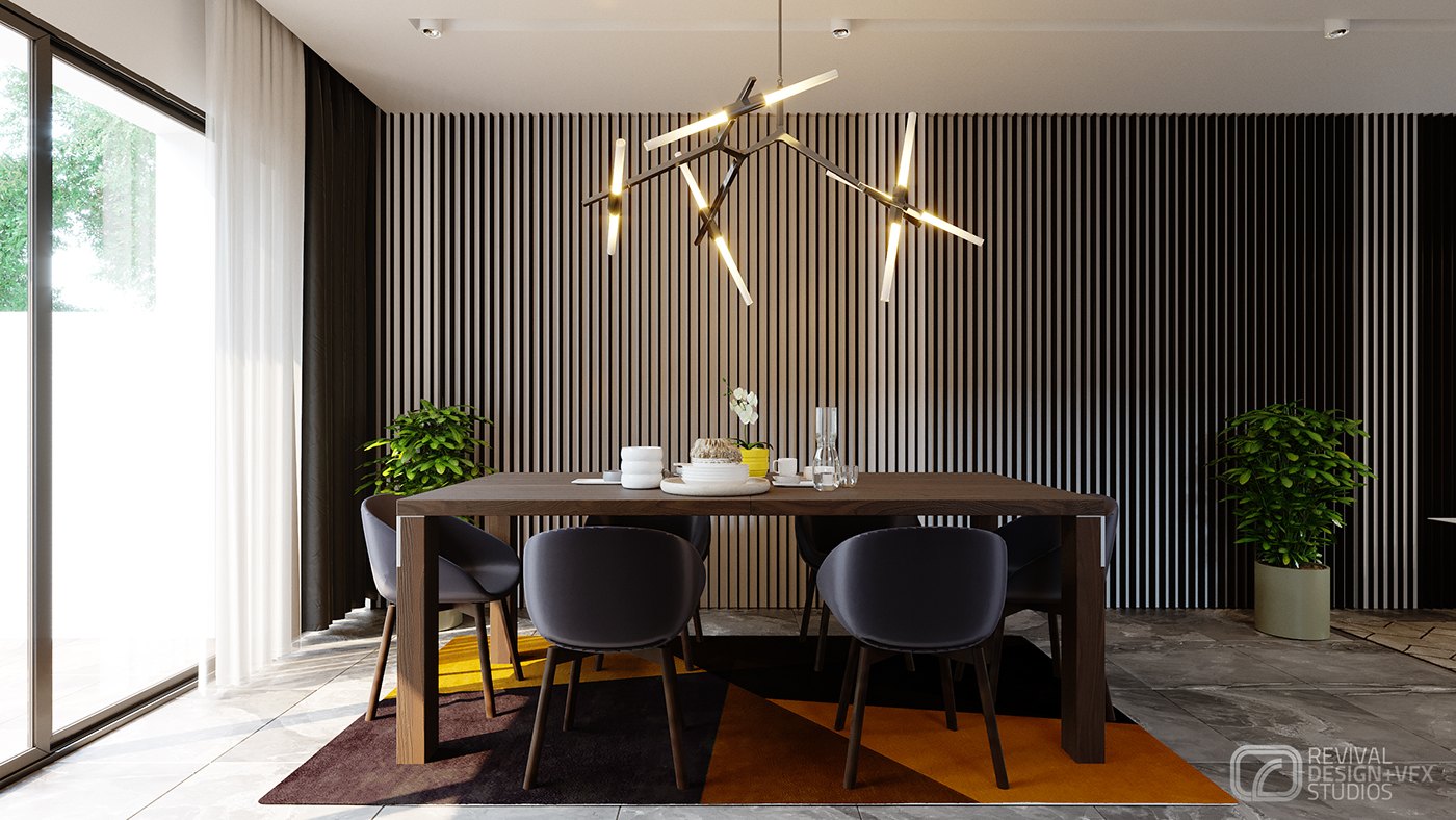 Interior dining-room render with a dark wood table and grey chairs on an orange rug, a slatted wood wall behind and a sculptural multi-arm chandelier, a potted plant softening the window side.