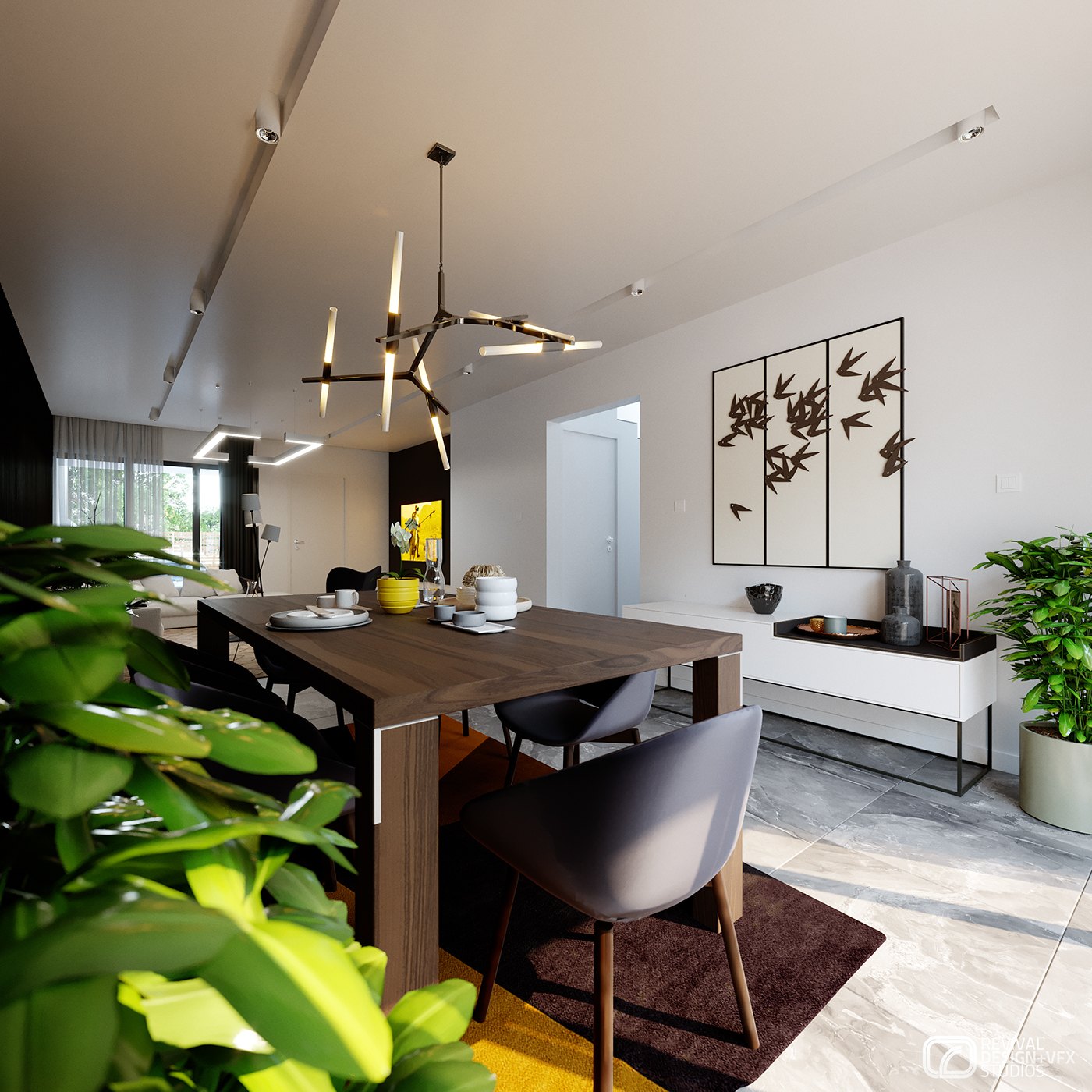 Interior dining and kitchen render, a wood table with grey chairs beneath a branching chandelier, a three-panel birch-tree wall art above a white sideboard, and leafy green plants framing the foreground.