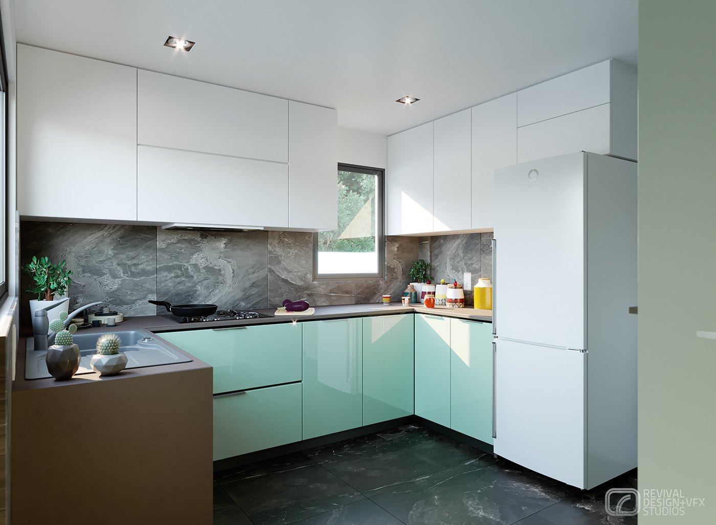 Interior kitchen render of an L-shaped run with mint-green lower cabinets, white uppers, dark stone counters and a tall fridge, a window above the work surface and downlights set into the white ceiling.