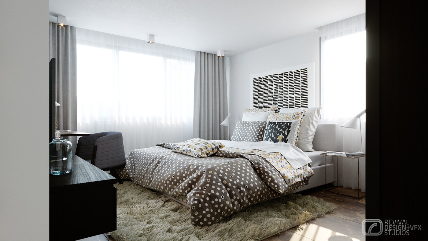 Interior bedroom render with a bed dressed in a grey patterned duvet and cushions, sheer curtained windows, framed wall art above the headboard, a dark nightstand and a soft shag rug underfoot.