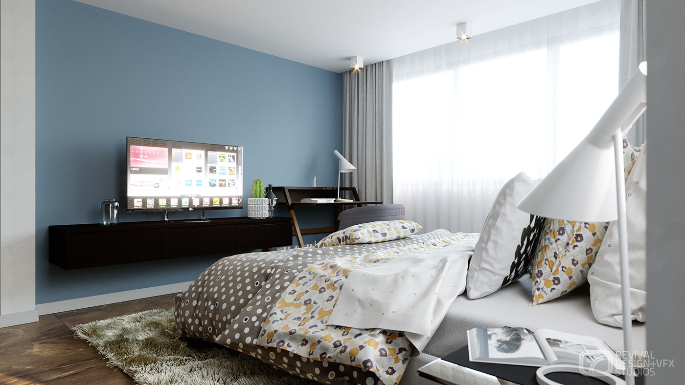Interior bedroom render against a blue-grey accent wall carrying a wall-mounted screen and a dark floating console, the bed layered with a patterned throw, a slim floor lamp and sheer daylight curtains.