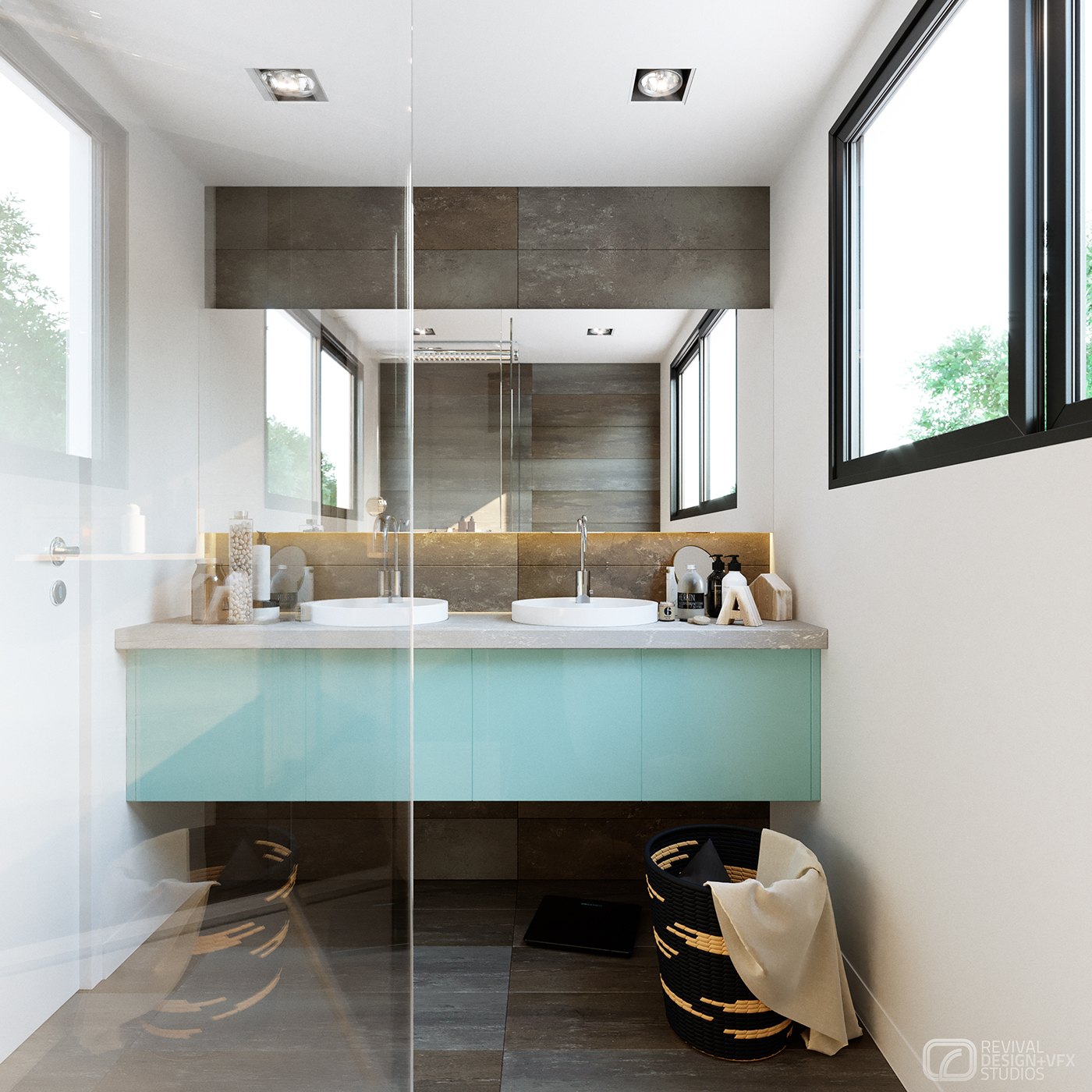 Interior bathroom render of a floating mint-teal double vanity with two basins under a wide mirror, dark floor tiles, a window to the side and a woven basket of towels on the floor.